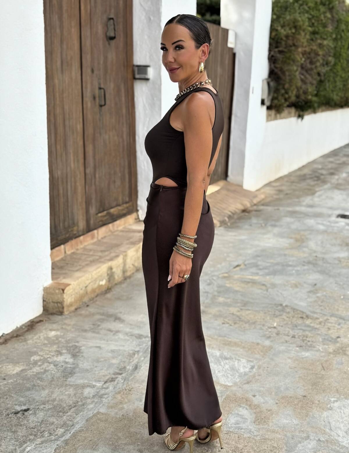 Vestido Falda Satén Marrón - Imagen 2
