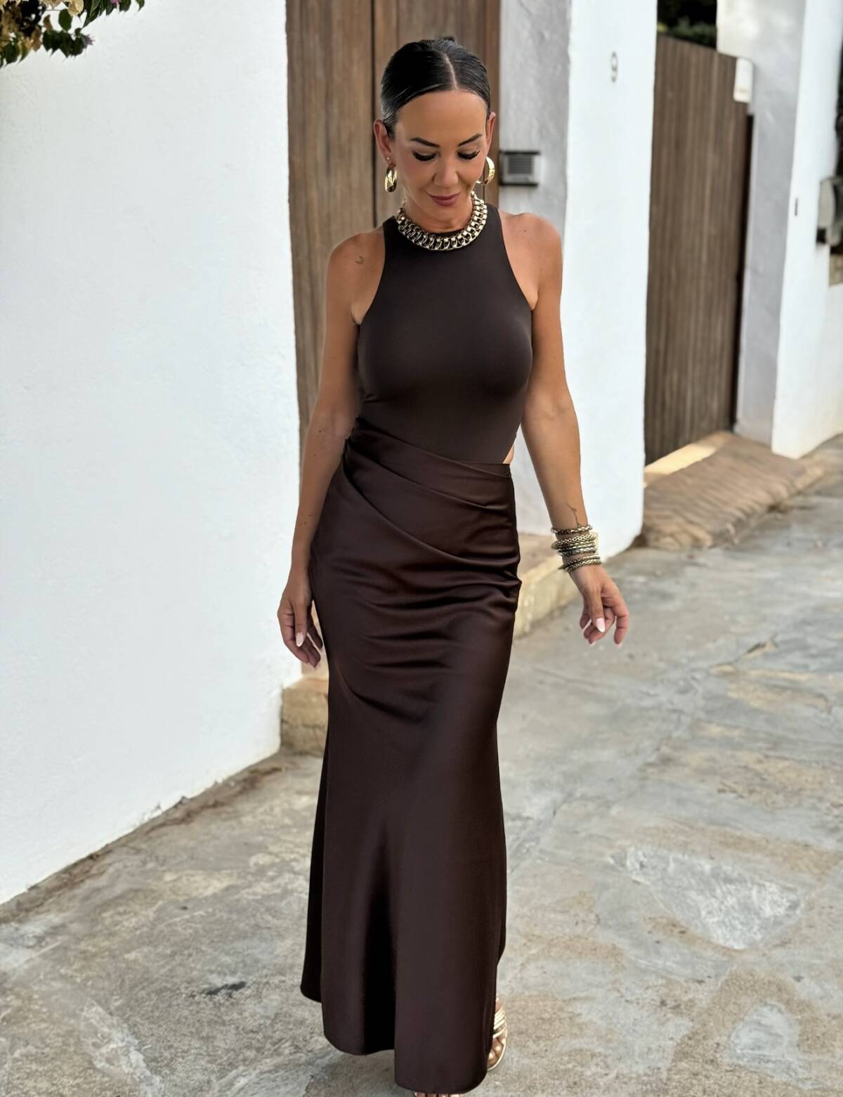 Vestido Falda Satén Marrón - Imagen 7