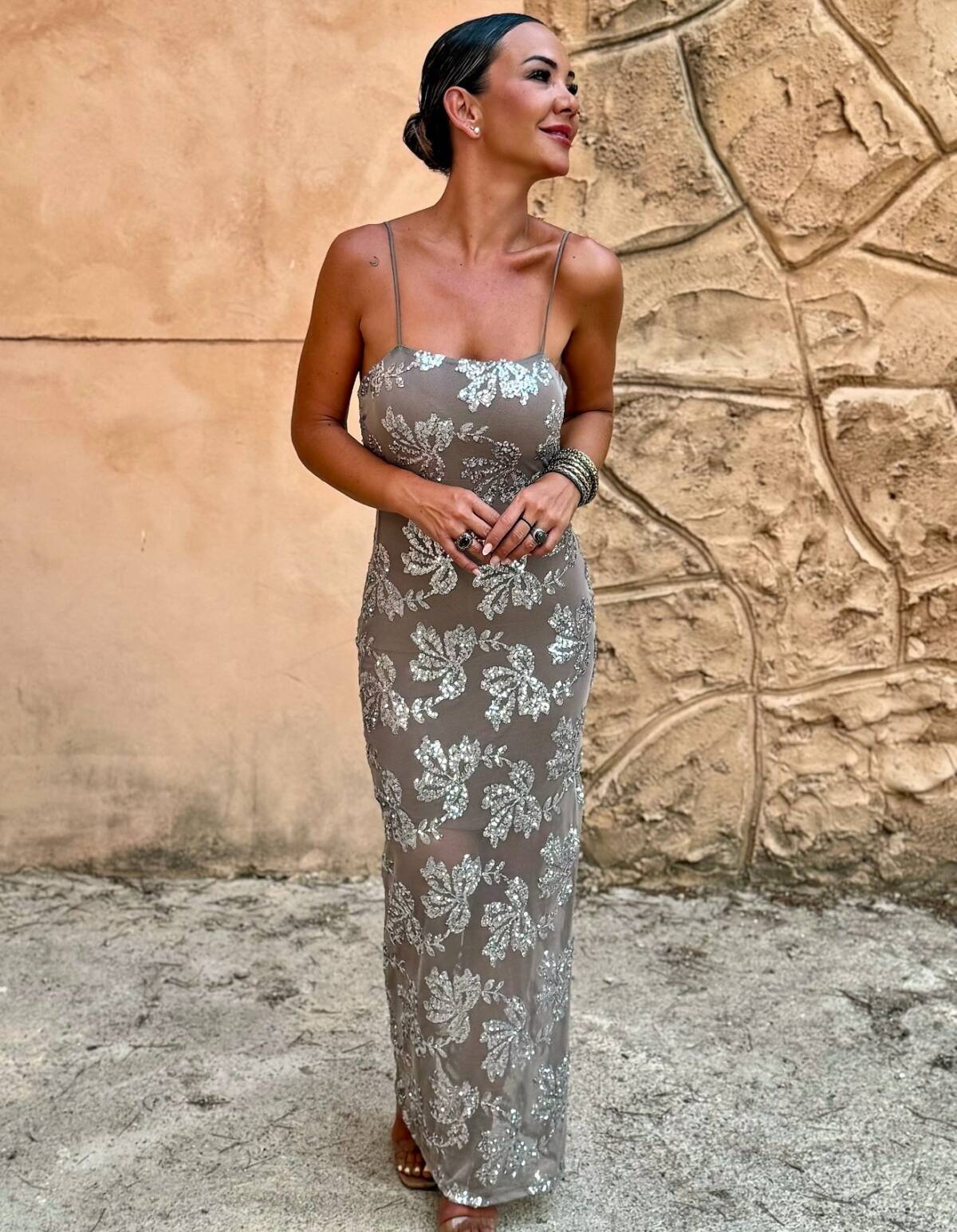 Vestido Flor Lentejuela Taupe - Imagen 8