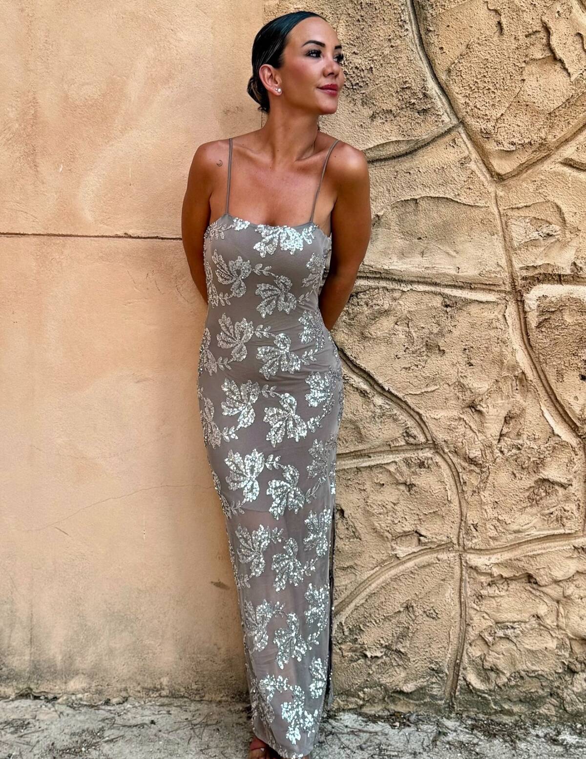 Vestido Flor Lentejuela Taupe - Imagen 2