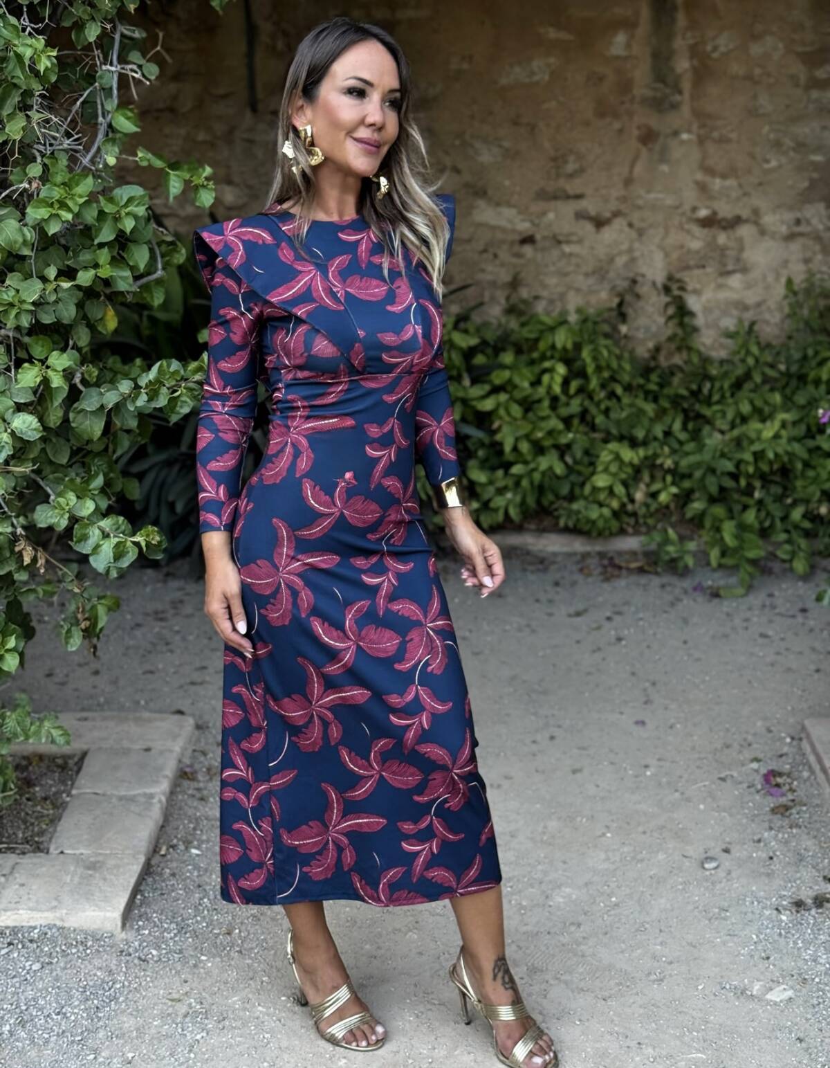 Vestido Solapas Estampado Marino Buganvilla - Imagen 1