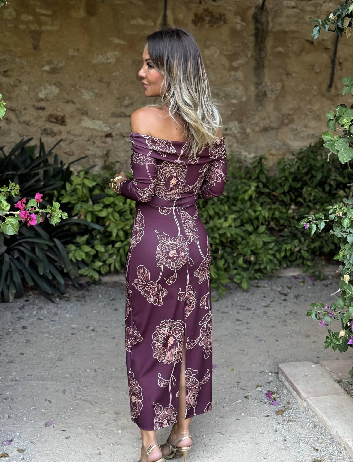 Vestido Bardot Estampado Vino - Imagen 4