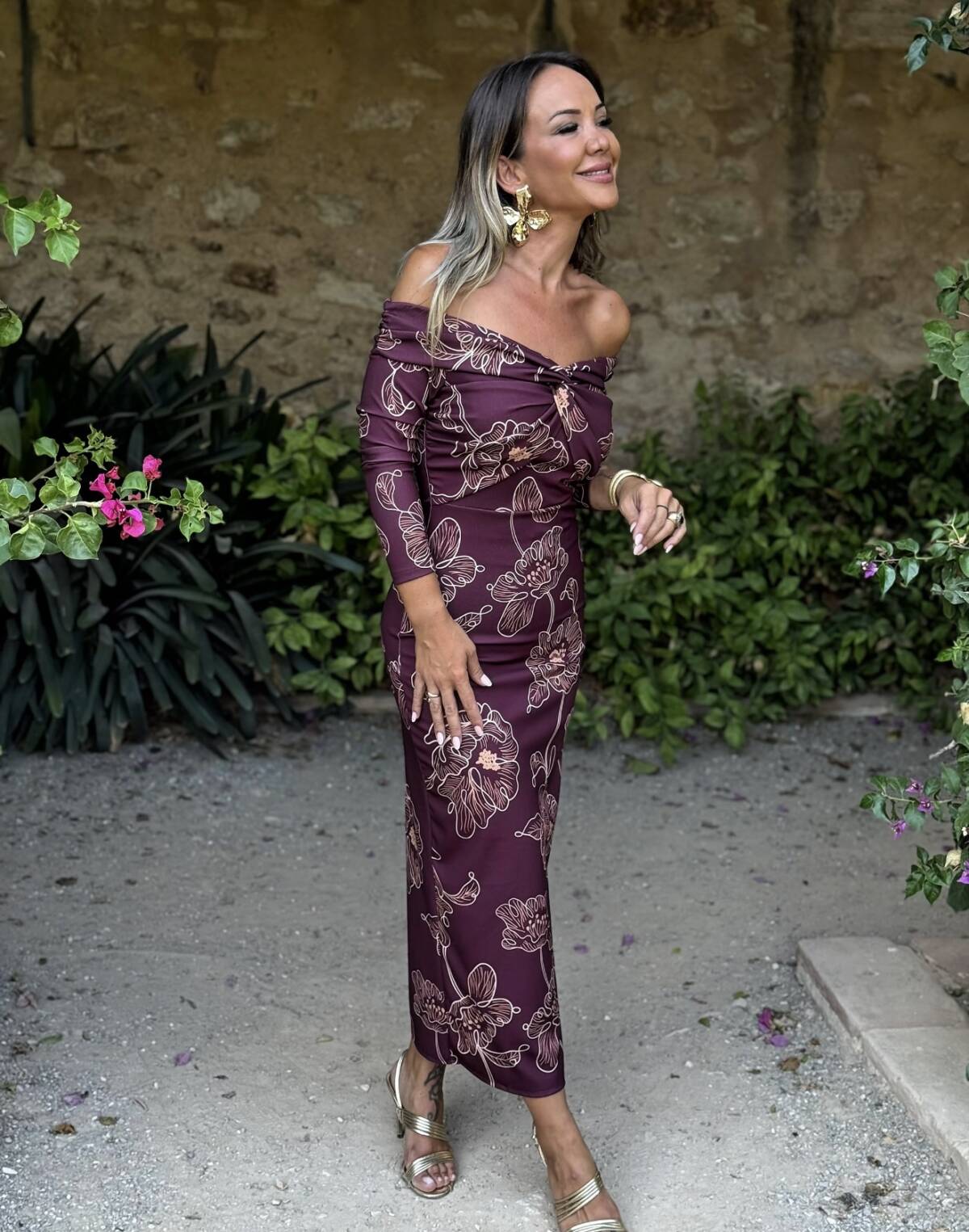 Vestido Bardot Estampado Vino - Imagen 5