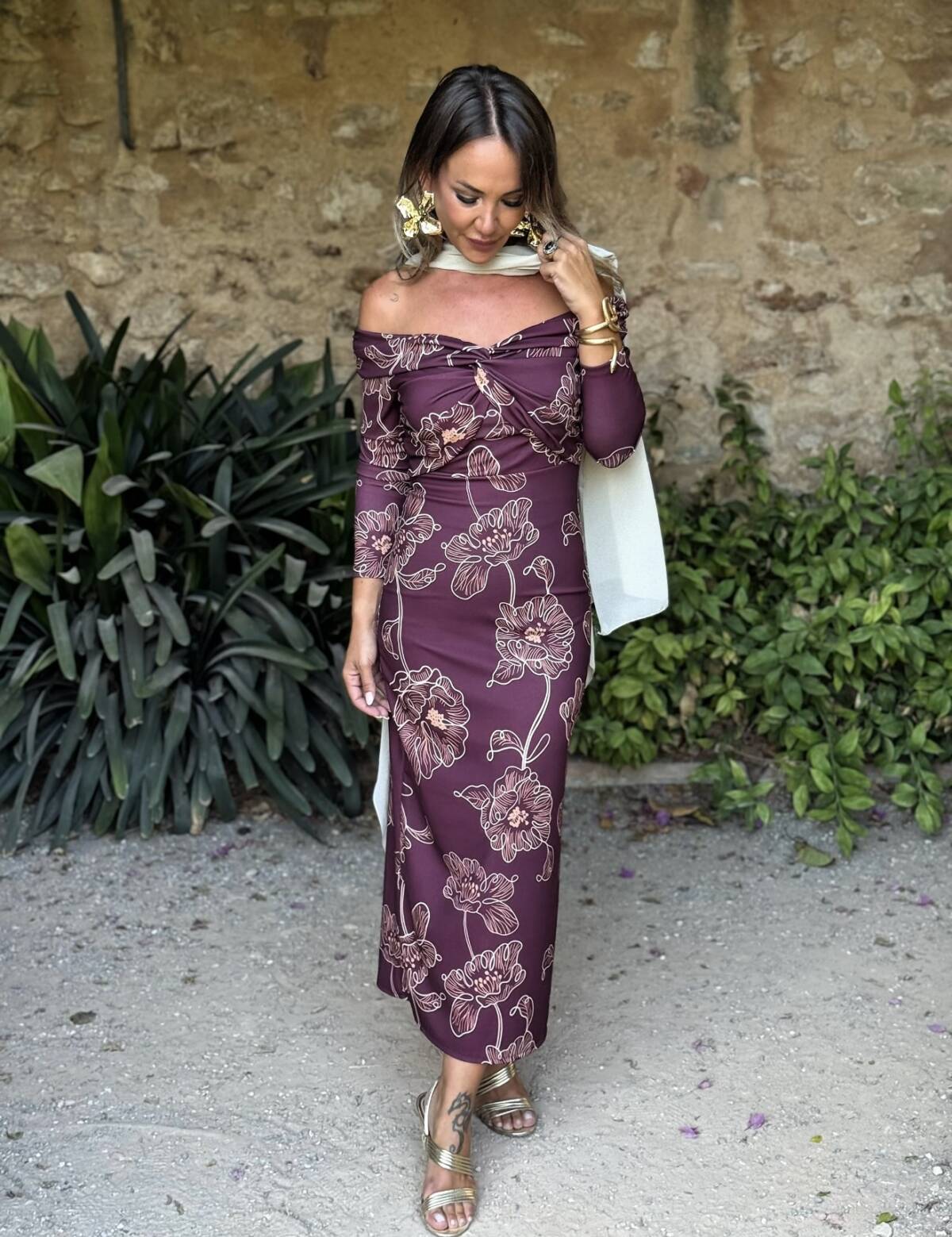 Vestido Bardot Estampado Vino - Imagen 2
