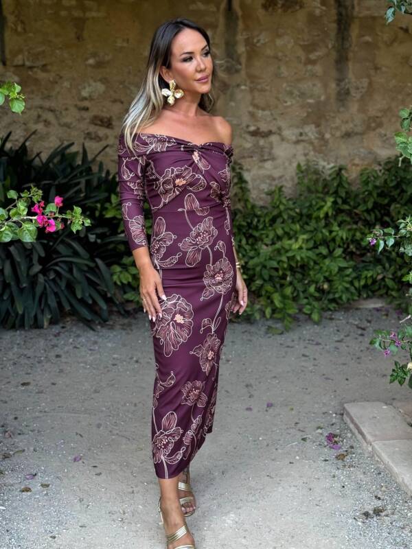 Vestido Bardot Estampado Vino