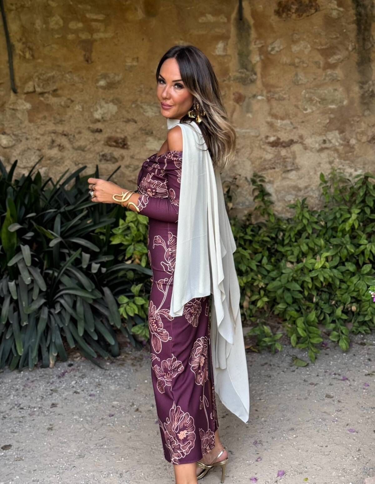 Vestido Bardot Estampado Vino - Imagen 3