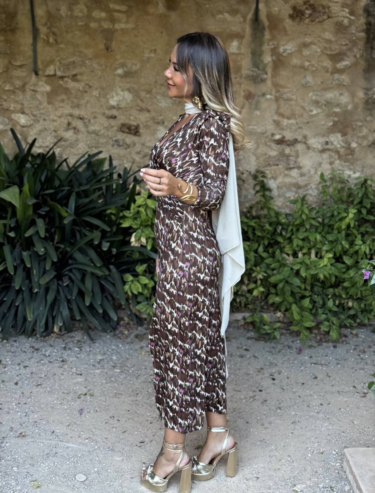 Vestido Blanca Estampado Marrón - Imagen 6