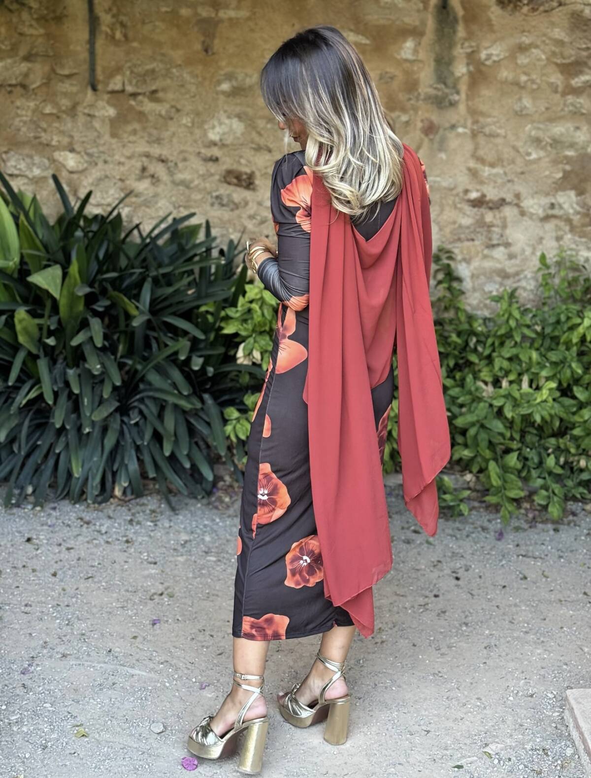 Vestido Blanca Marrón Flor Naranja - Imagen 3