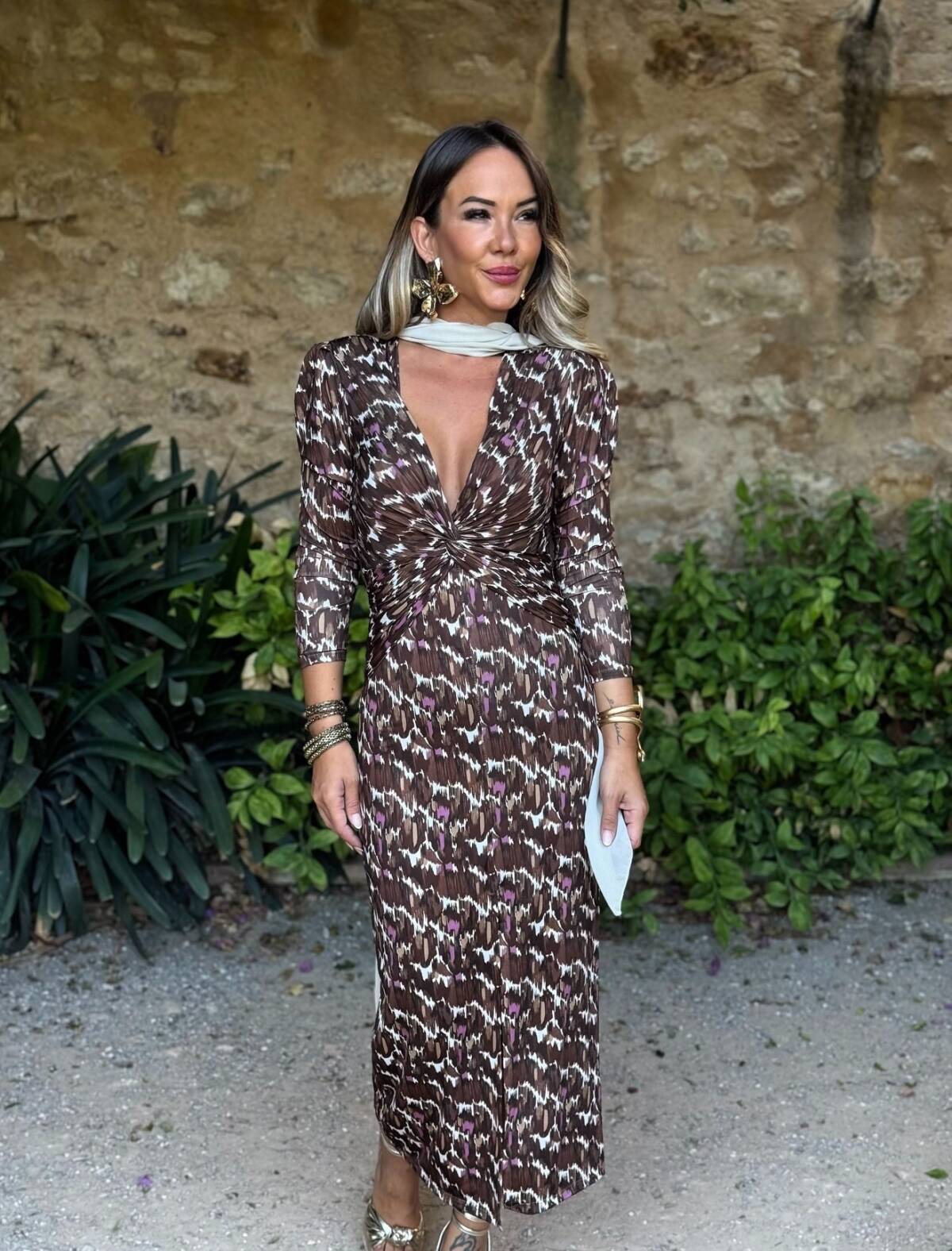 Vestido Blanca Estampado Marrón - Imagen 3