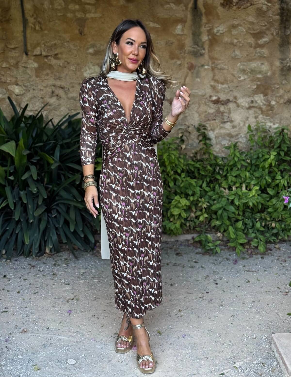 Vestido Blanca Estampado Marrón - Imagen 5
