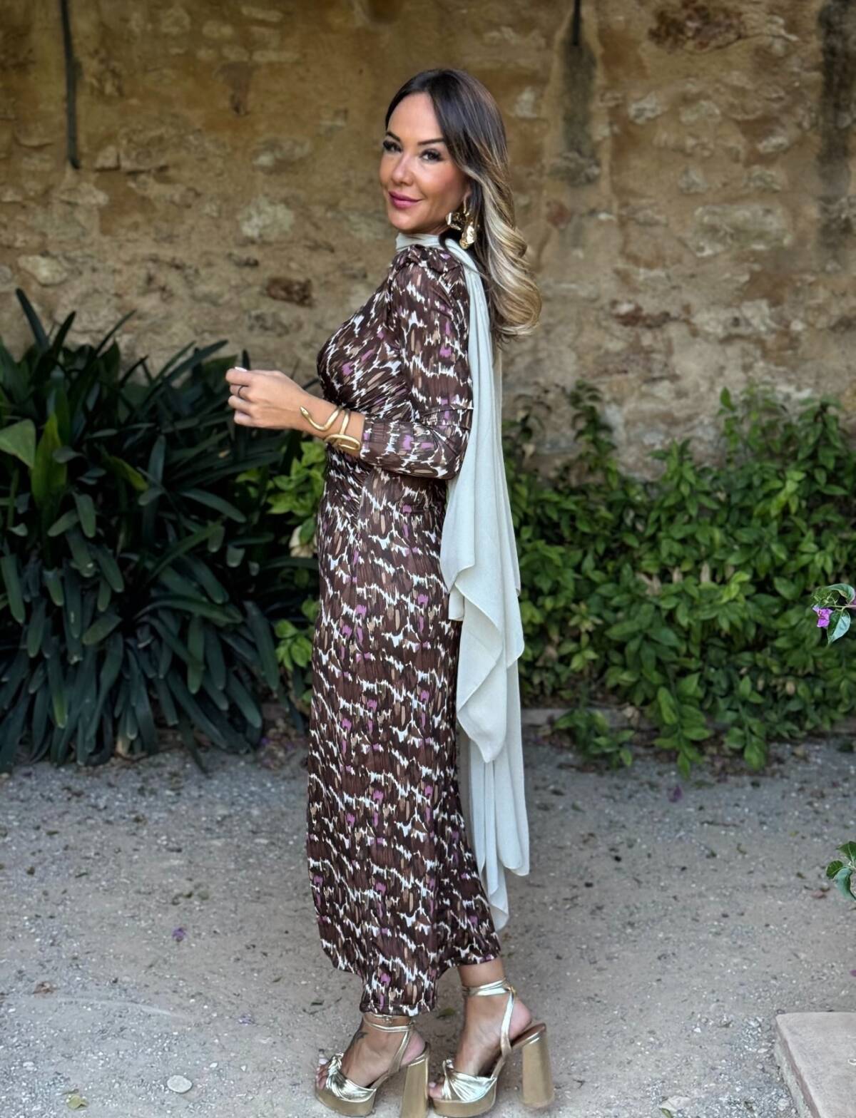Vestido Blanca Estampado Marrón - Imagen 2