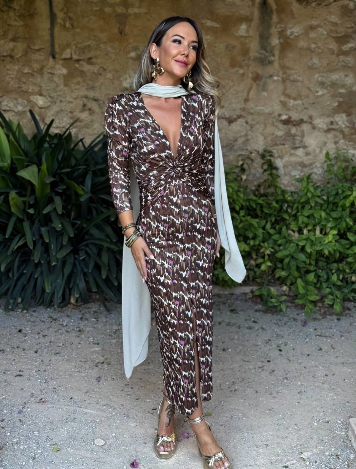 Vestido Blanca Estampado Marrón - Imagen 1