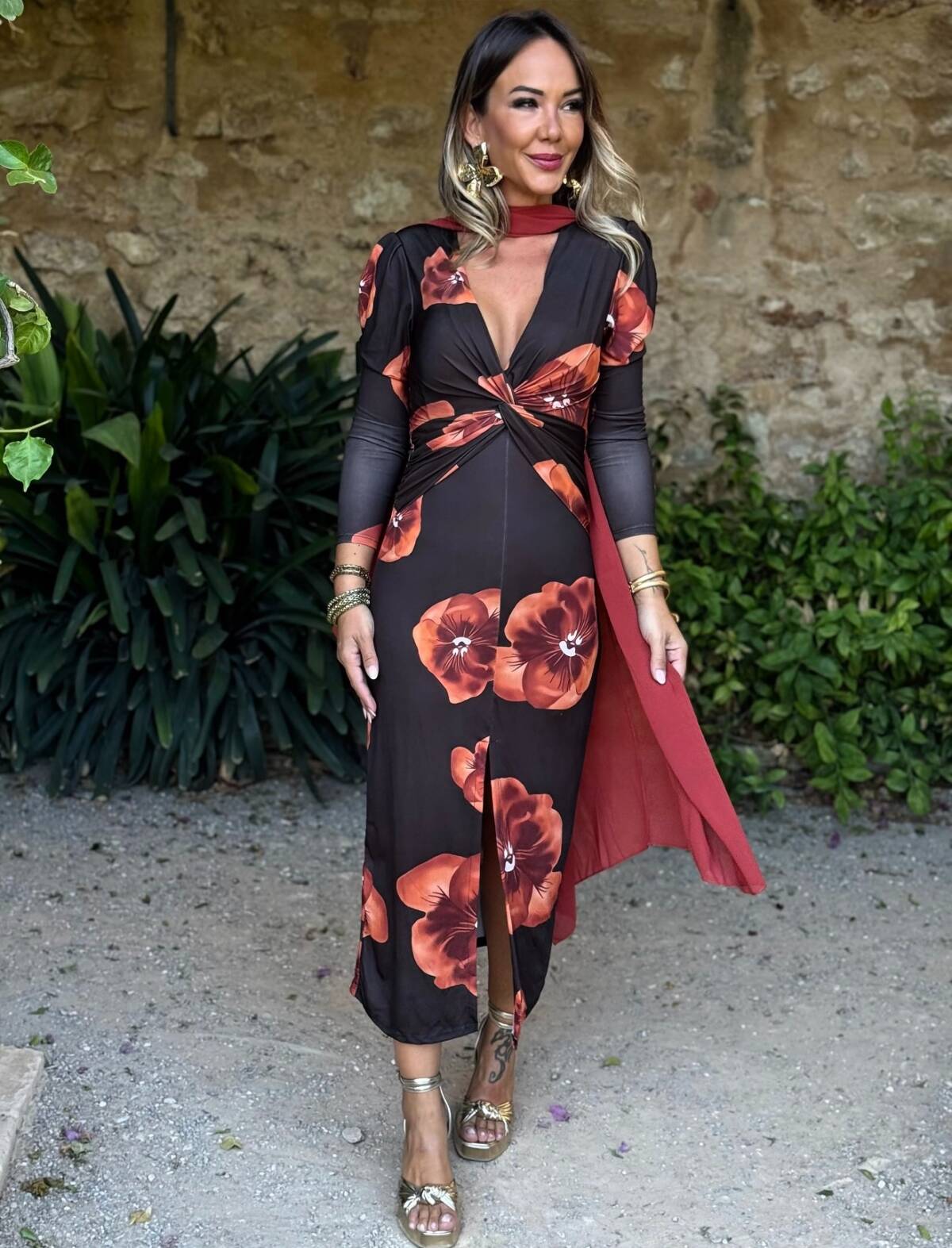 Vestido Blanca Marrón Flor Naranja - Imagen 4