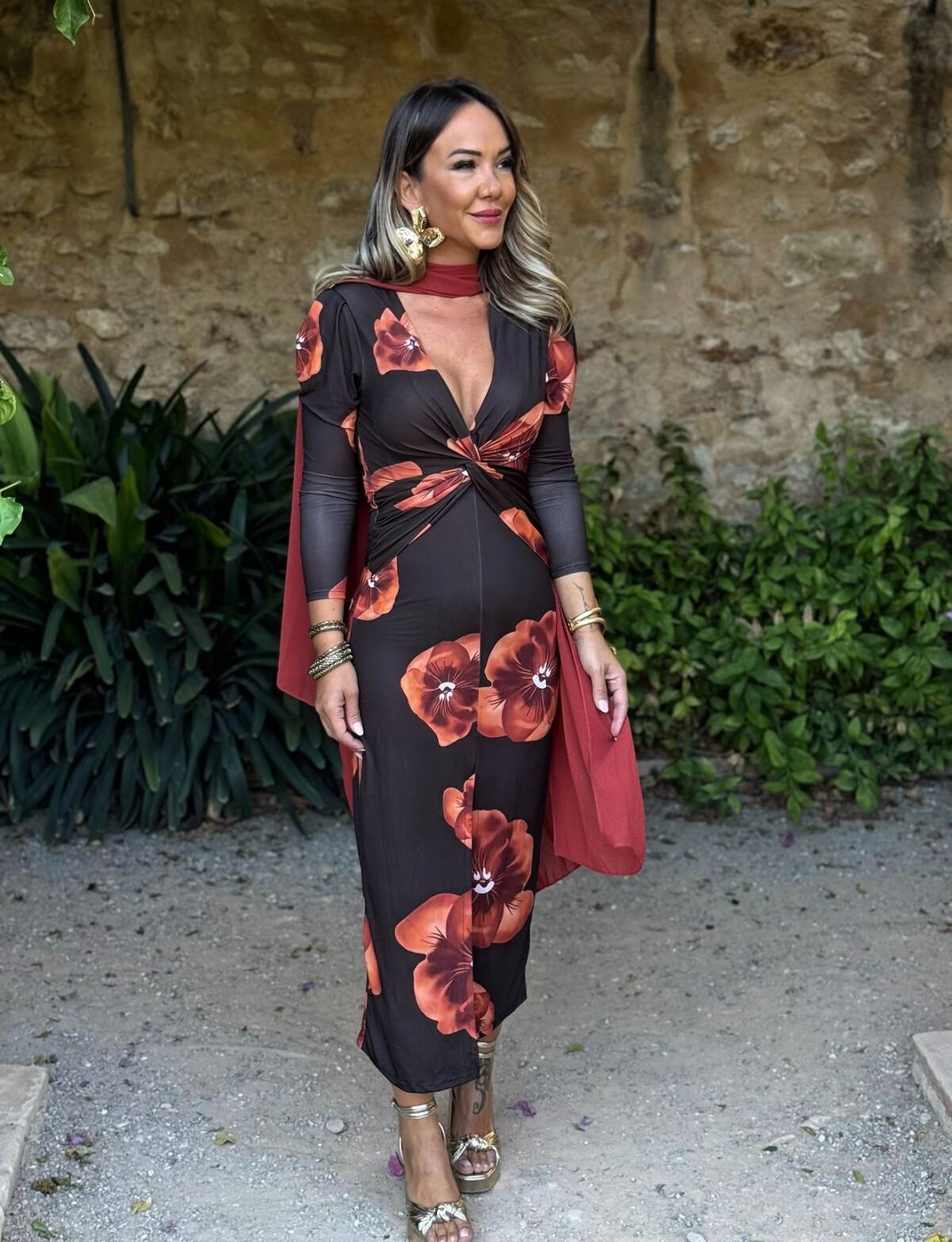 Vestido Blanca Marrón Flor Naranja - Imagen 2
