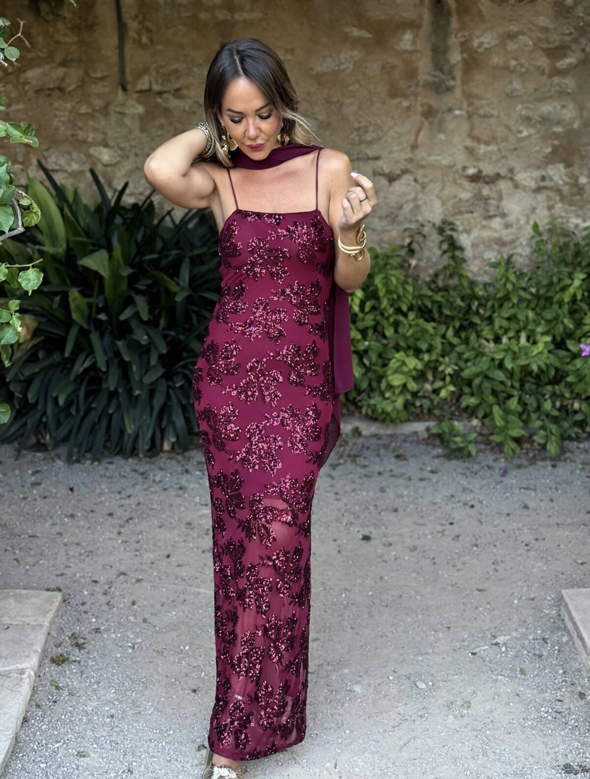 Vestido Flor Lentejuela Vino - Imagen 11