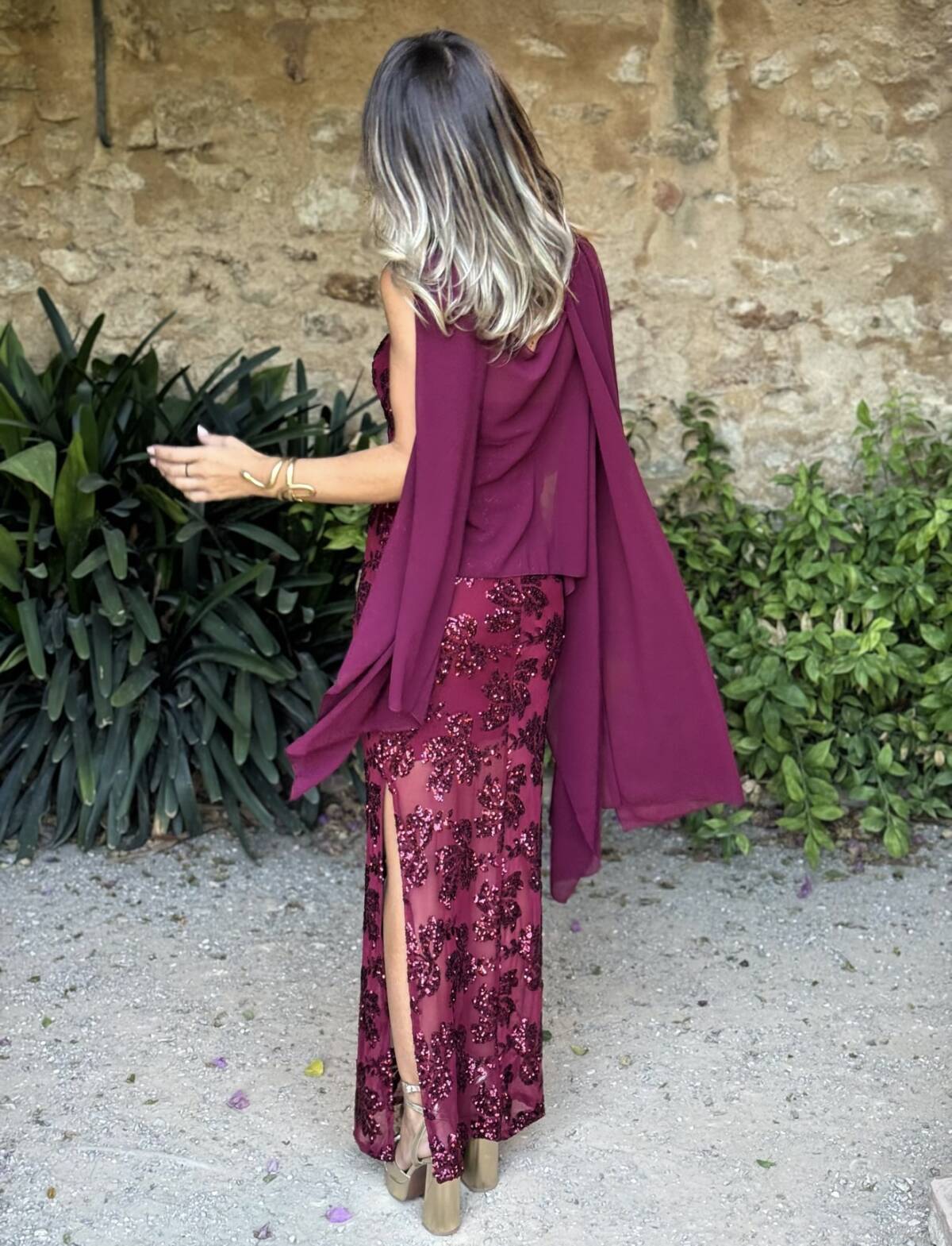 Vestido Flor Lentejuela Vino - Imagen 4