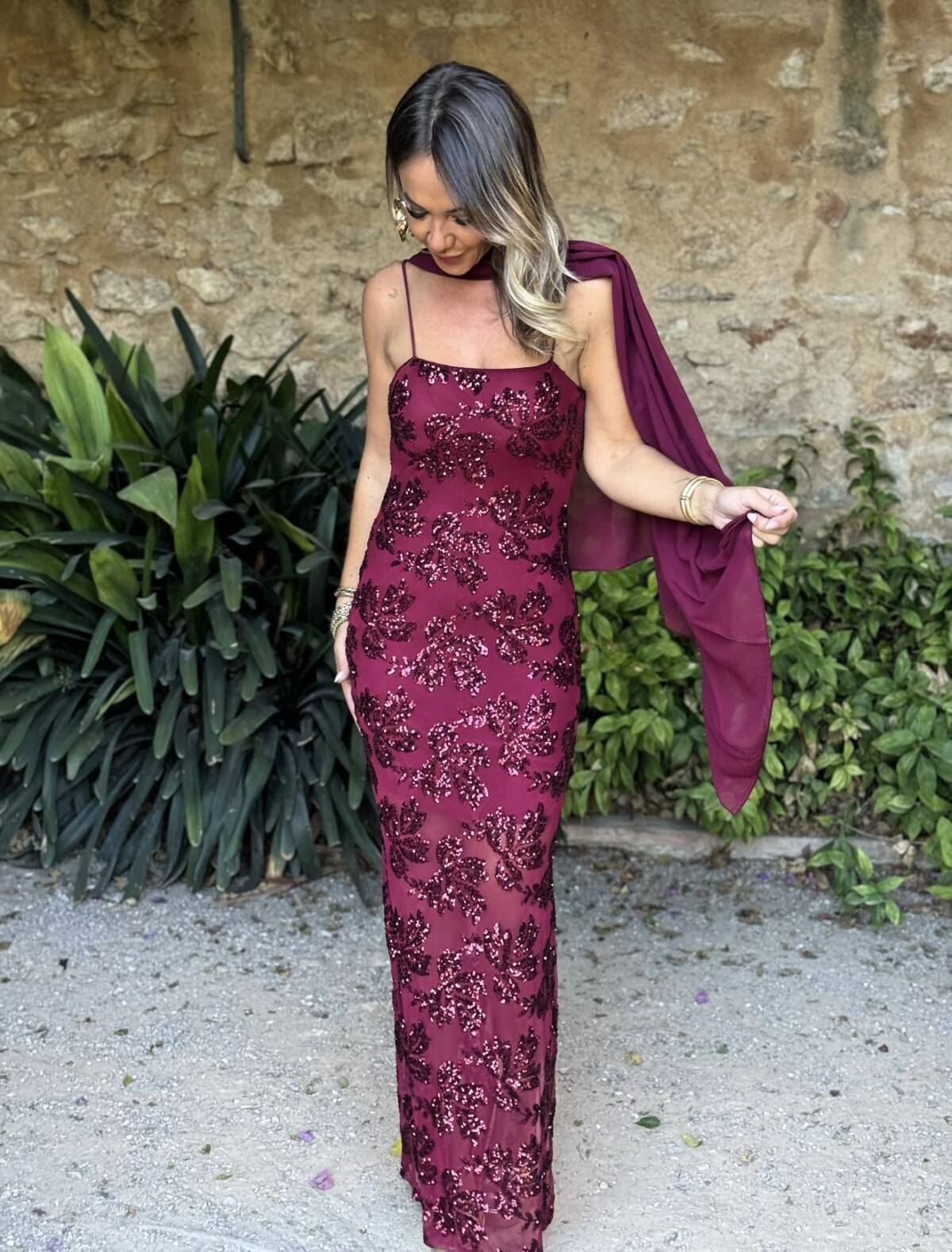 Vestido Flor Lentejuela Vino - Imagen 10