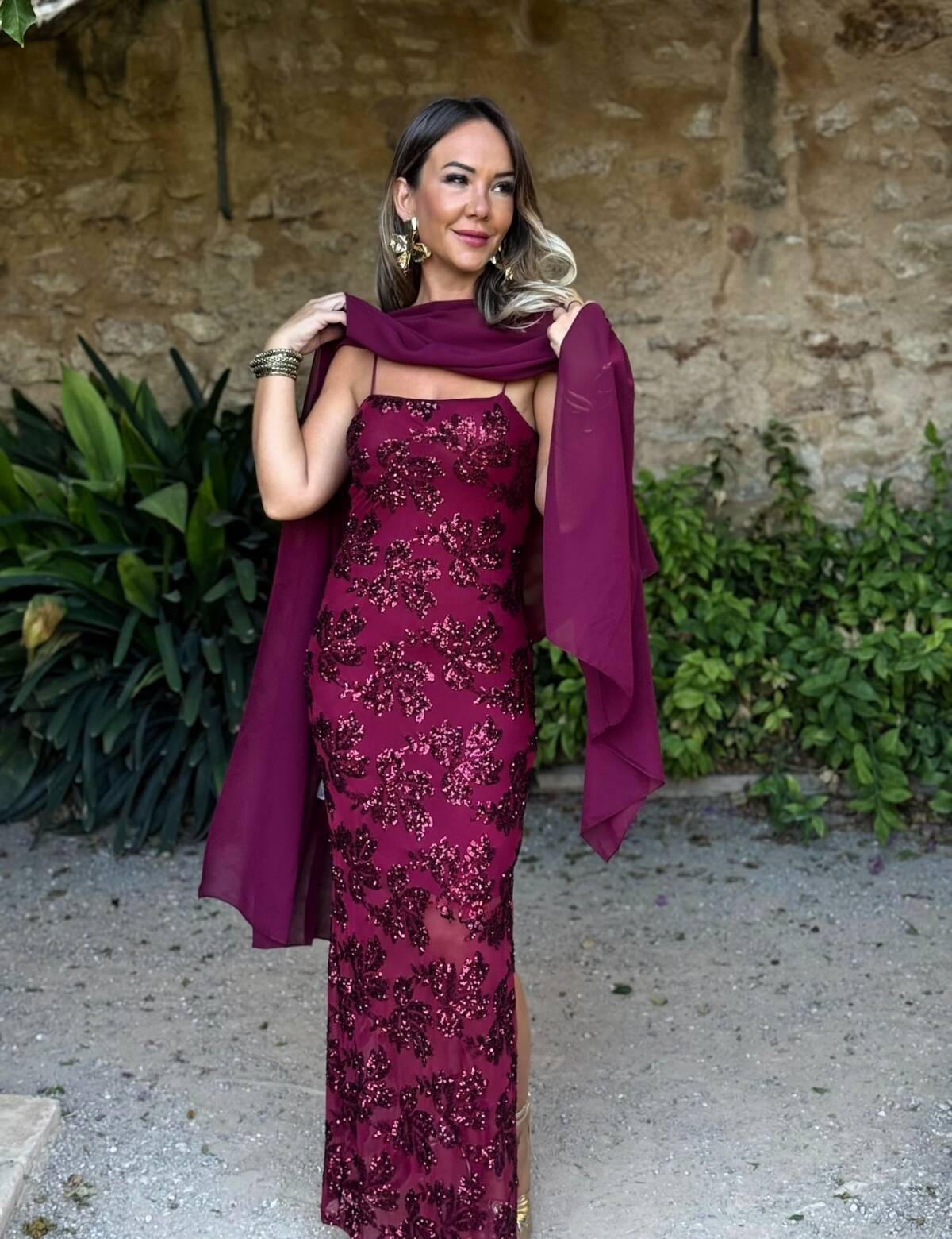 Vestido Flor Lentejuela Vino - Imagen 5