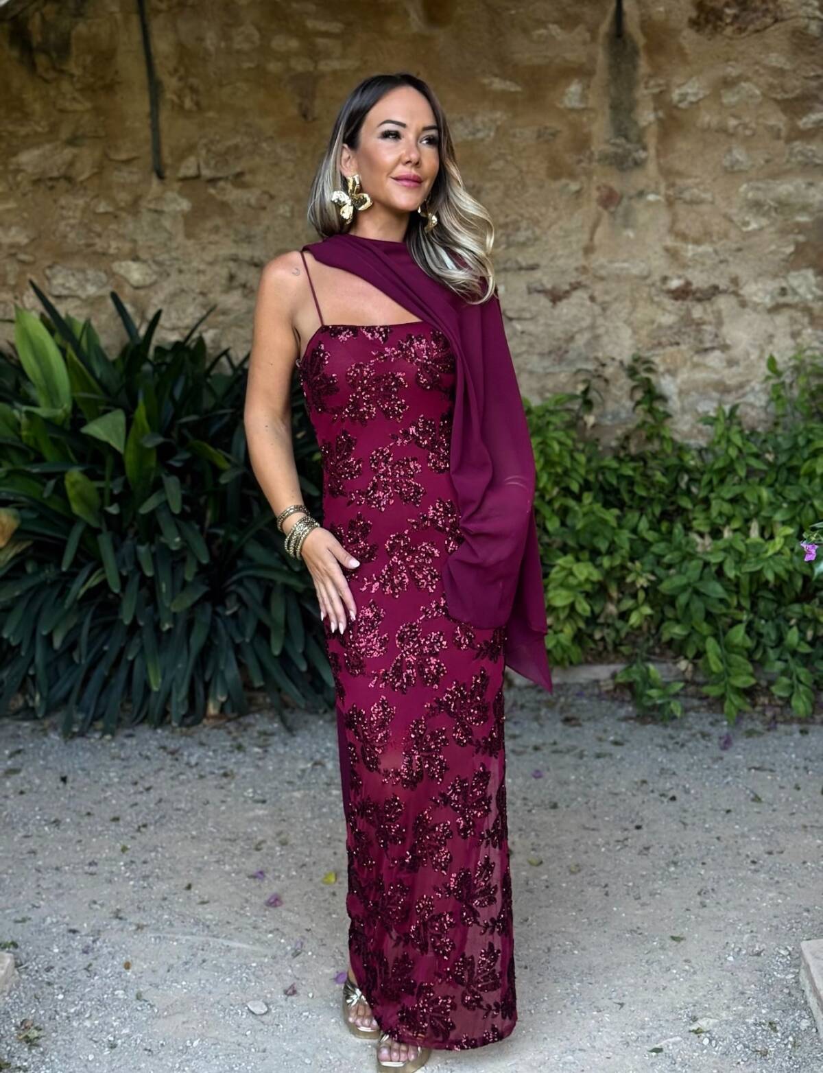 Vestido Flor Lentejuela Vino - Imagen 6