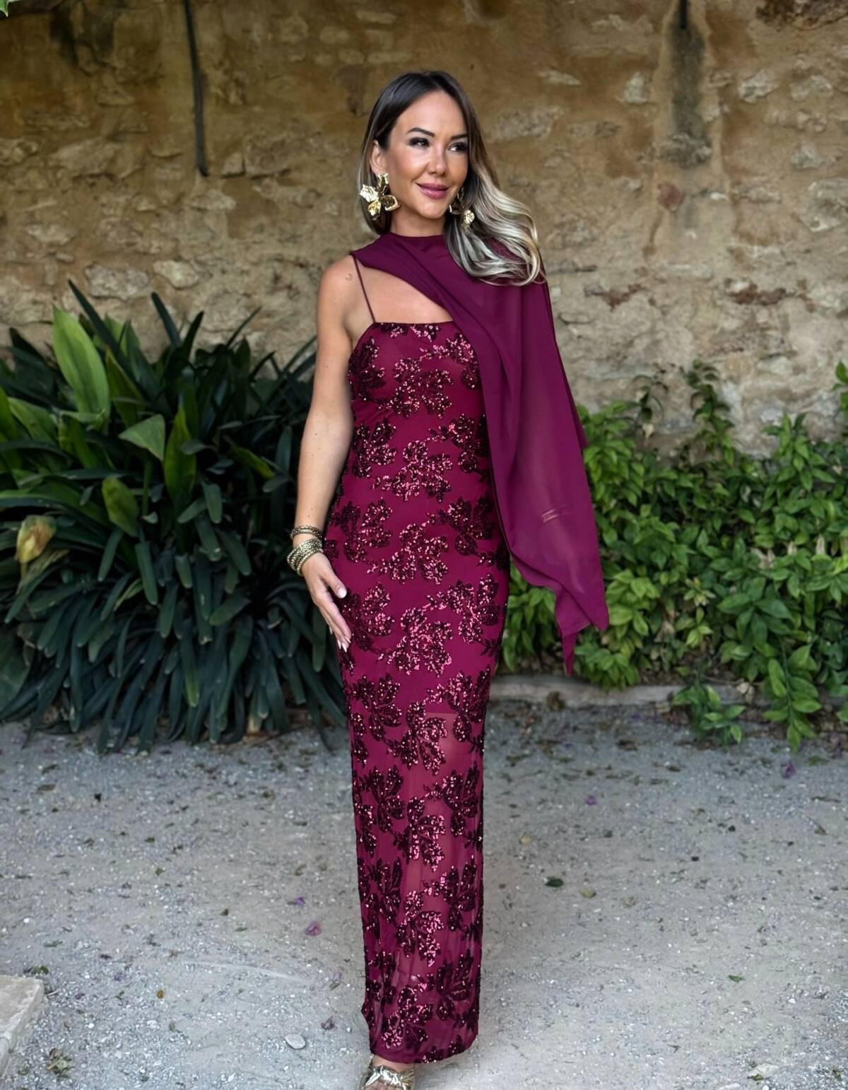 Vestido Flor Lentejuela Vino - Imagen 1