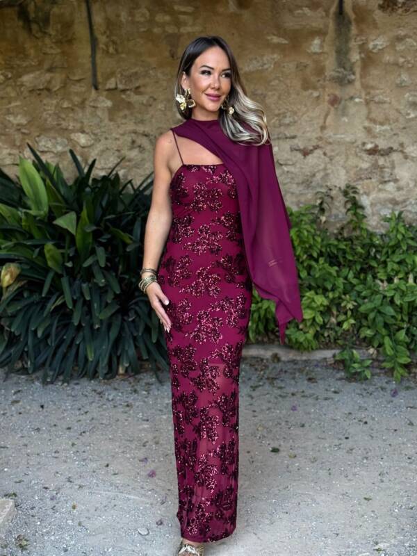 Vestido Flor Lentejuela Vino