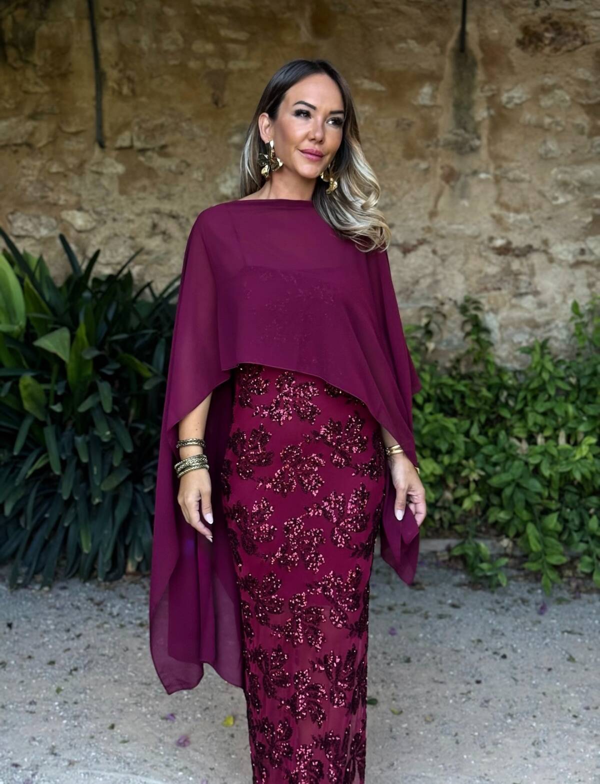 Vestido Flor Lentejuela Vino - Imagen 3