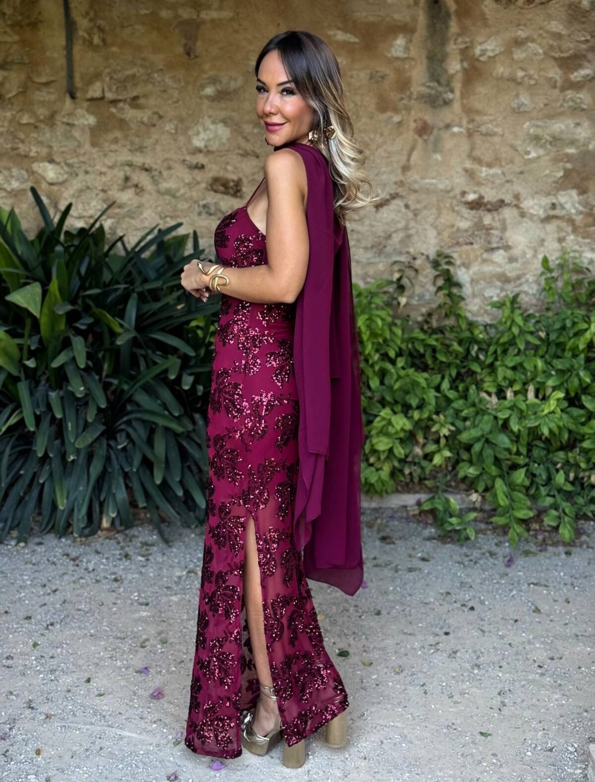 Vestido Flor Lentejuela Vino - Imagen 2