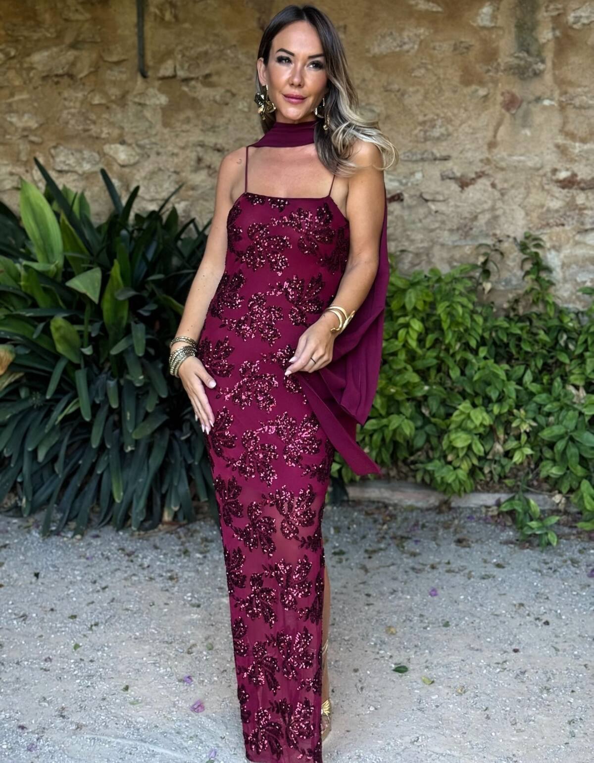 Vestido Flor Lentejuela Vino - Imagen 7