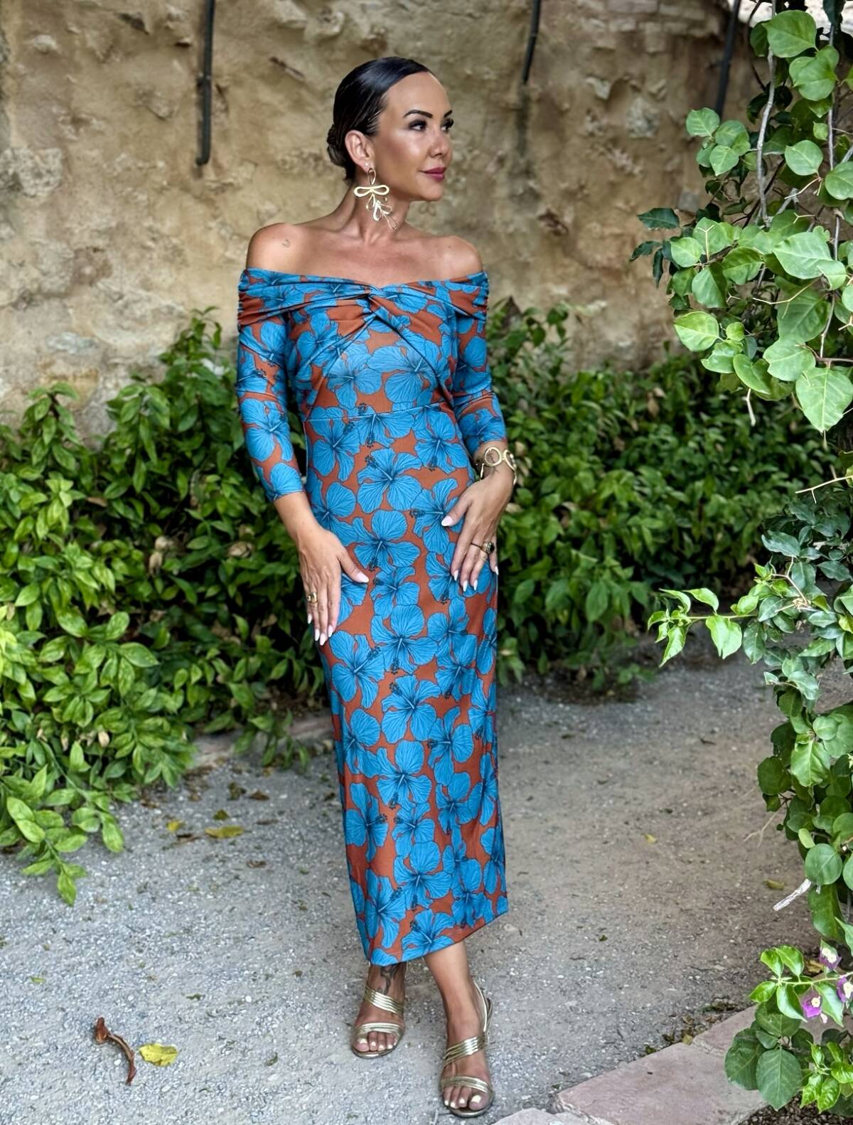Vestido Bardot Estampado Teja Azul - Imagen 1
