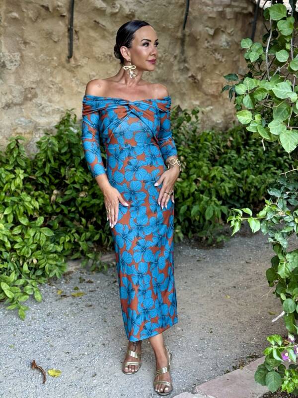 Vestido Bardot Estampado Teja Azul