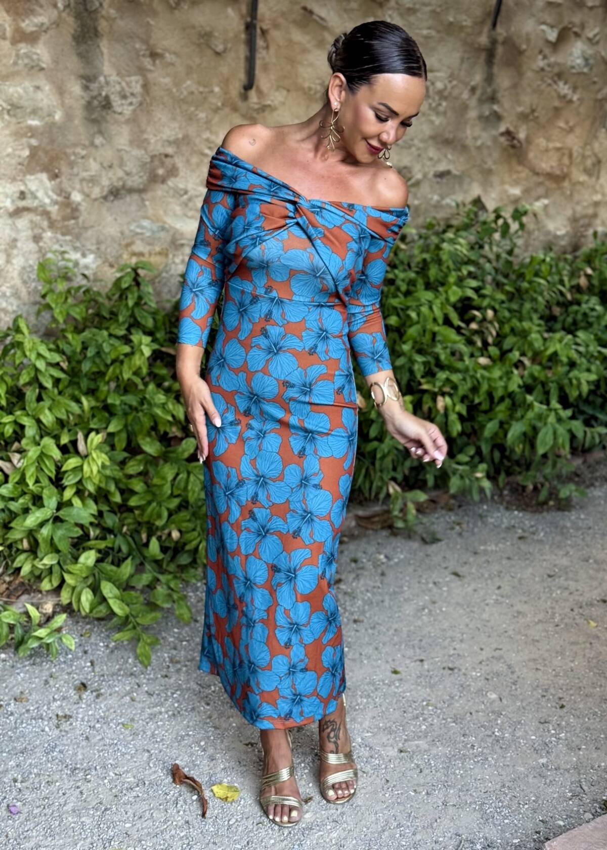 Vestido Bardot Estampado Teja Azul - Imagen 2