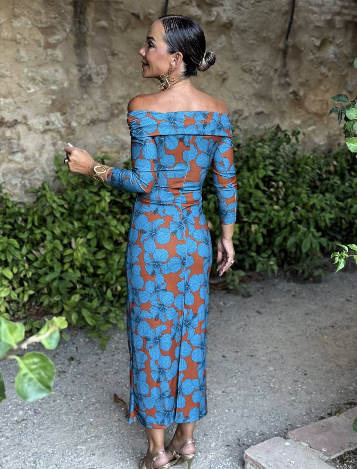 Vestido Bardot Estampado Teja Azul - Imagen 3