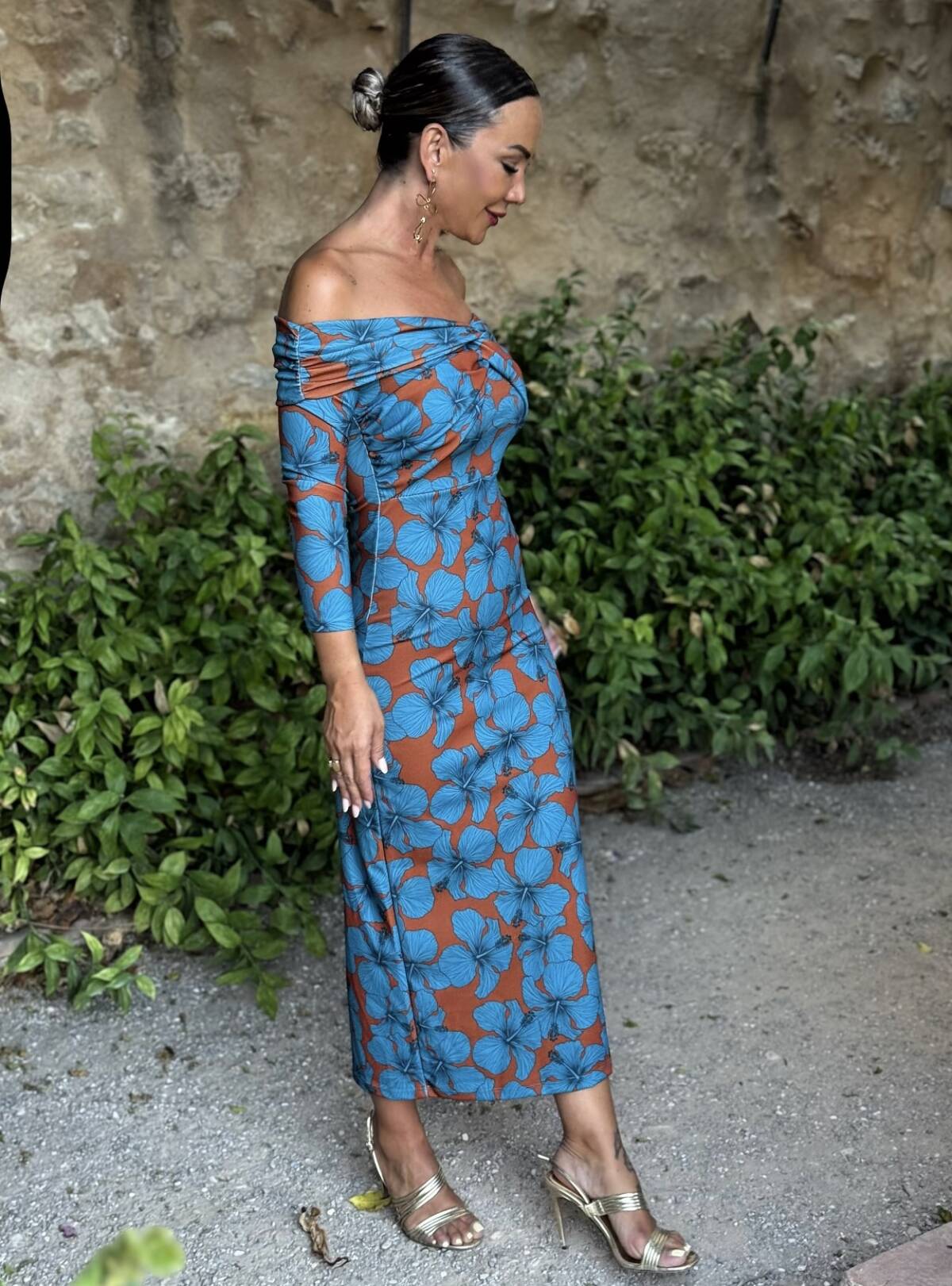 Vestido Bardot Estampado Teja Azul - Imagen 5
