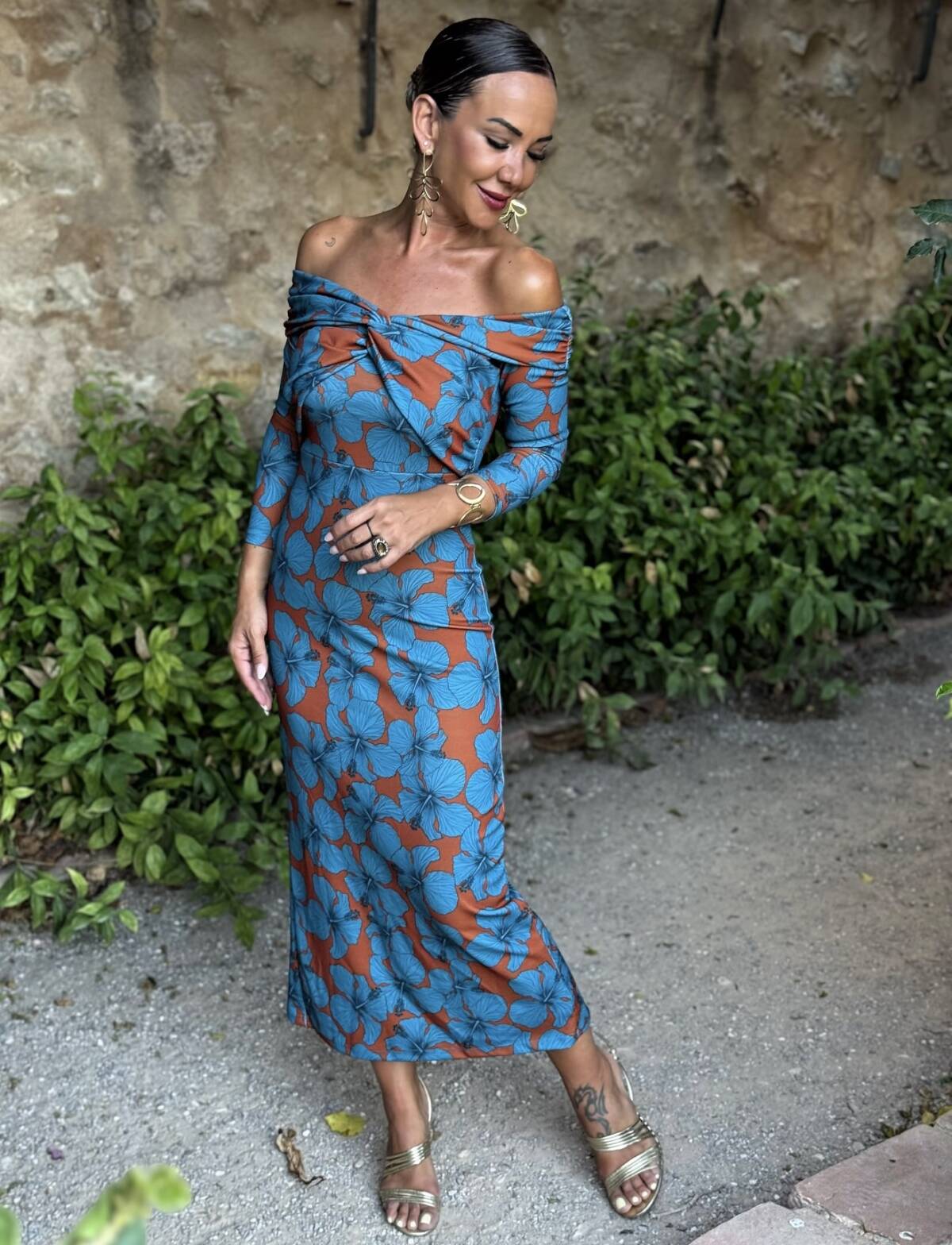 Vestido Bardot Estampado Teja Azul - Imagen 6