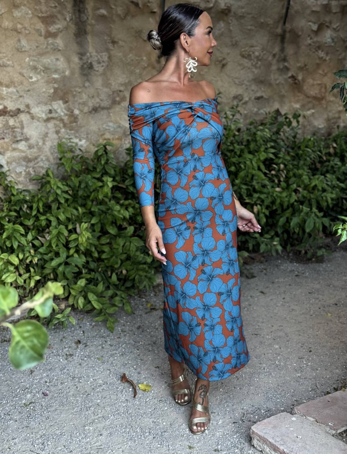 Vestido Bardot Estampado Teja Azul - Imagen 7