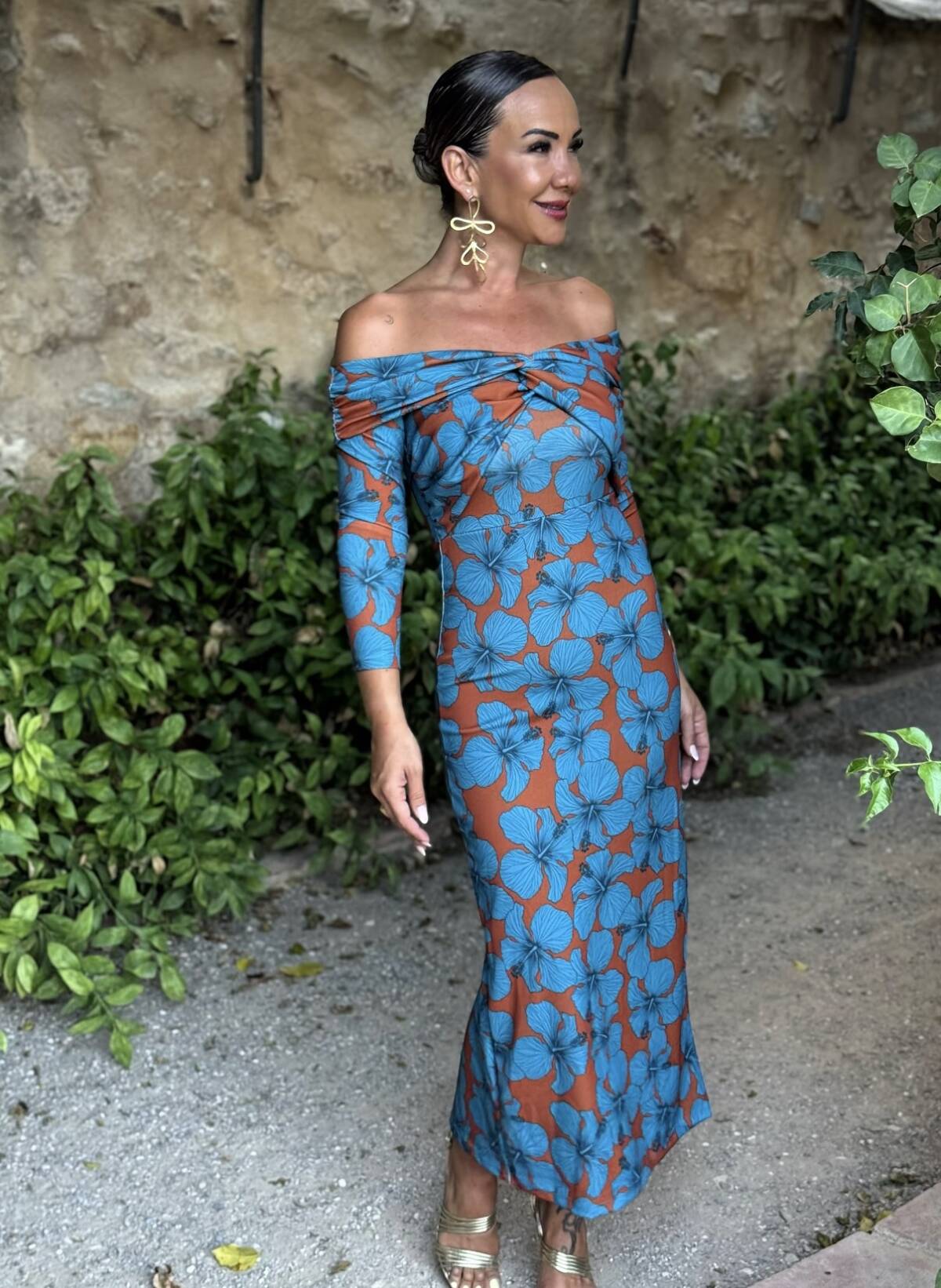 Vestido Bardot Estampado Teja Azul - Imagen 8