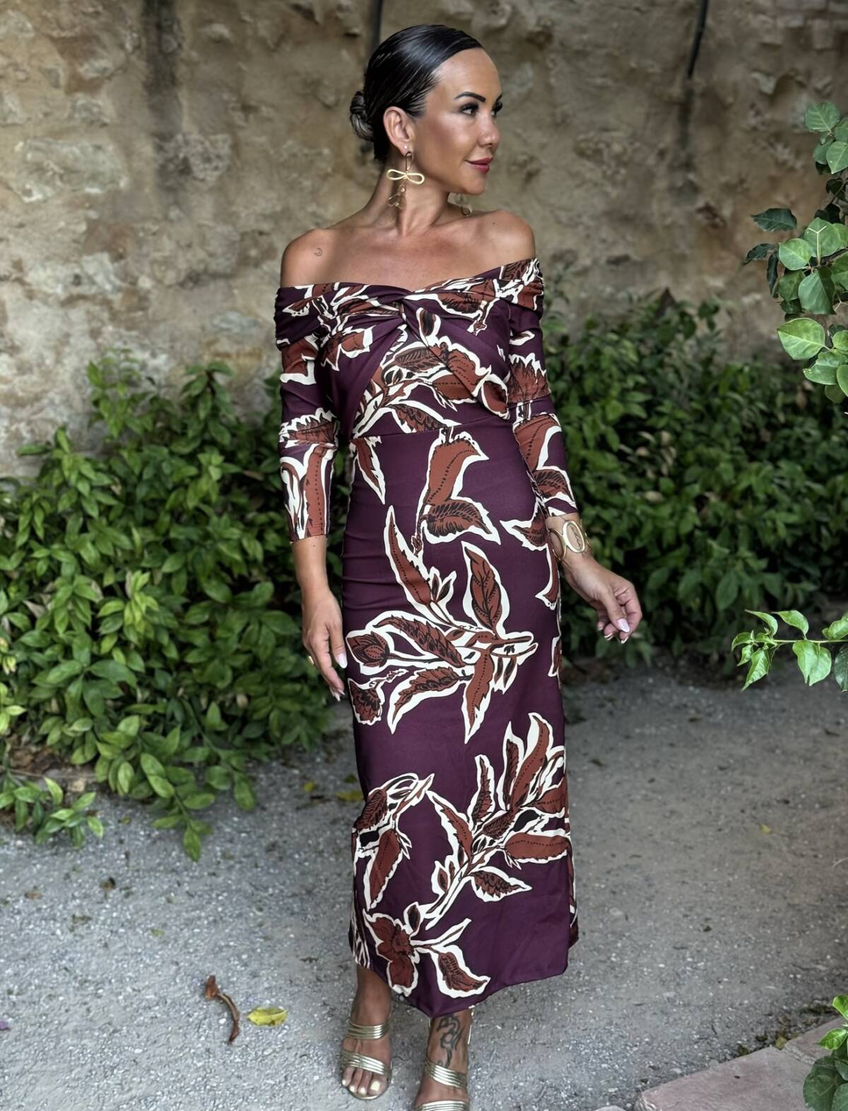 Vestido Bardot  Estampado Berenjena Teja - Imagen 1
