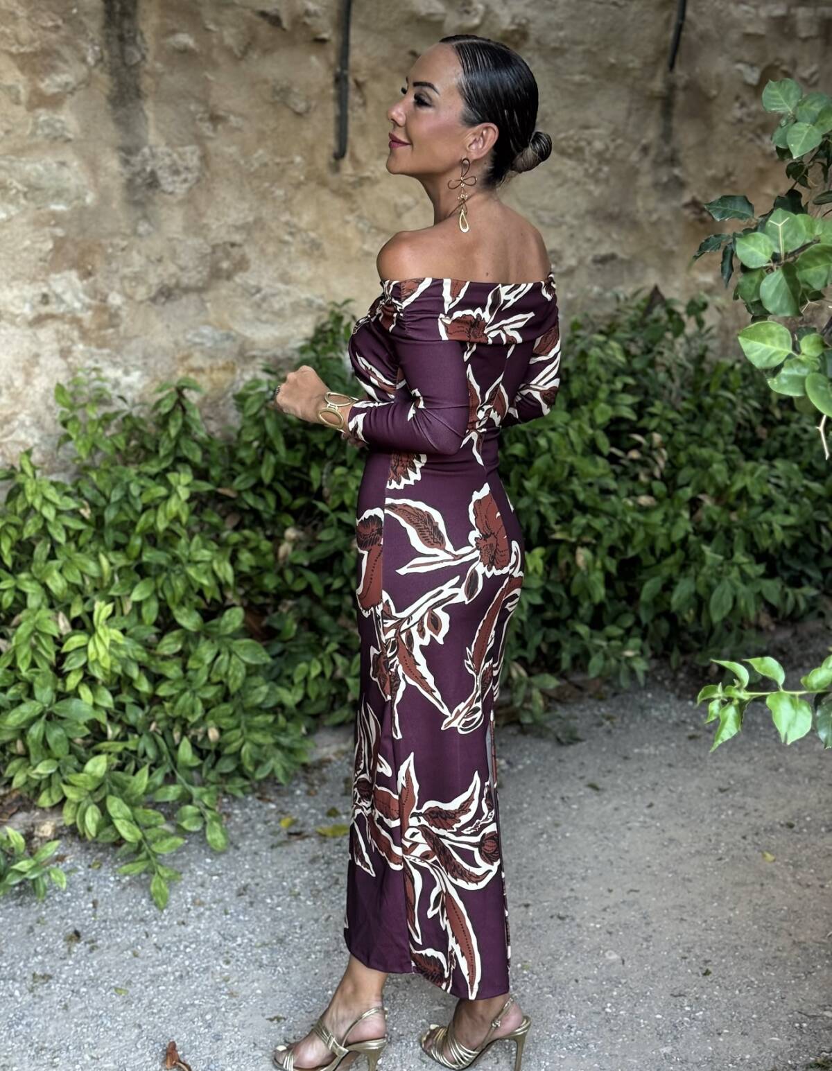Vestido Bardot  Estampado Berenjena Teja - Imagen 3