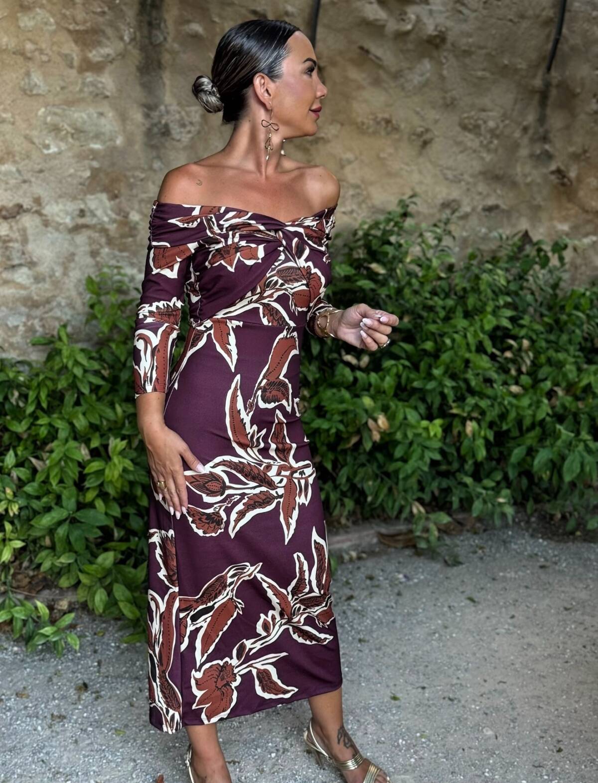 Vestido Bardot  Estampado Berenjena Teja - Imagen 7