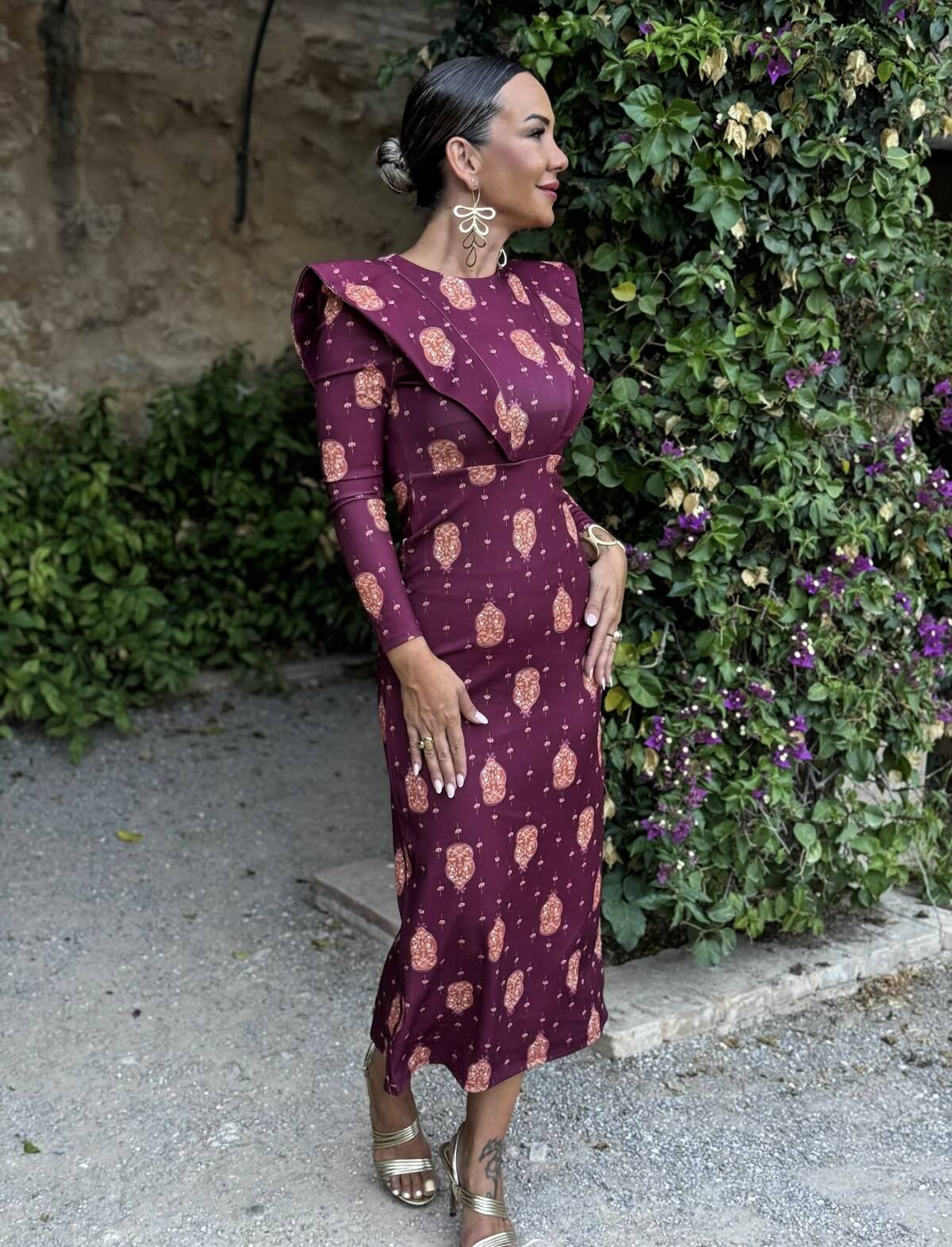 Vestido Solapas Estampado Vino - Imagen 1