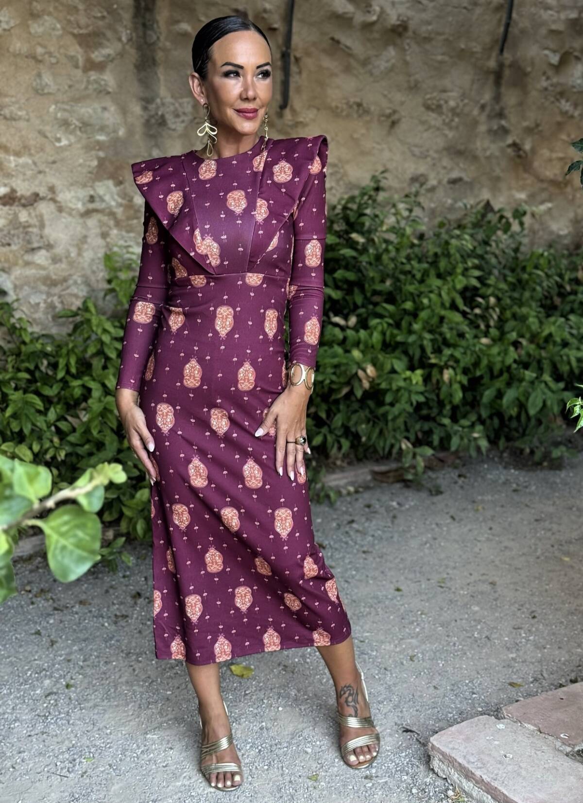 Vestido Solapas Estampado Vino - Imagen 4