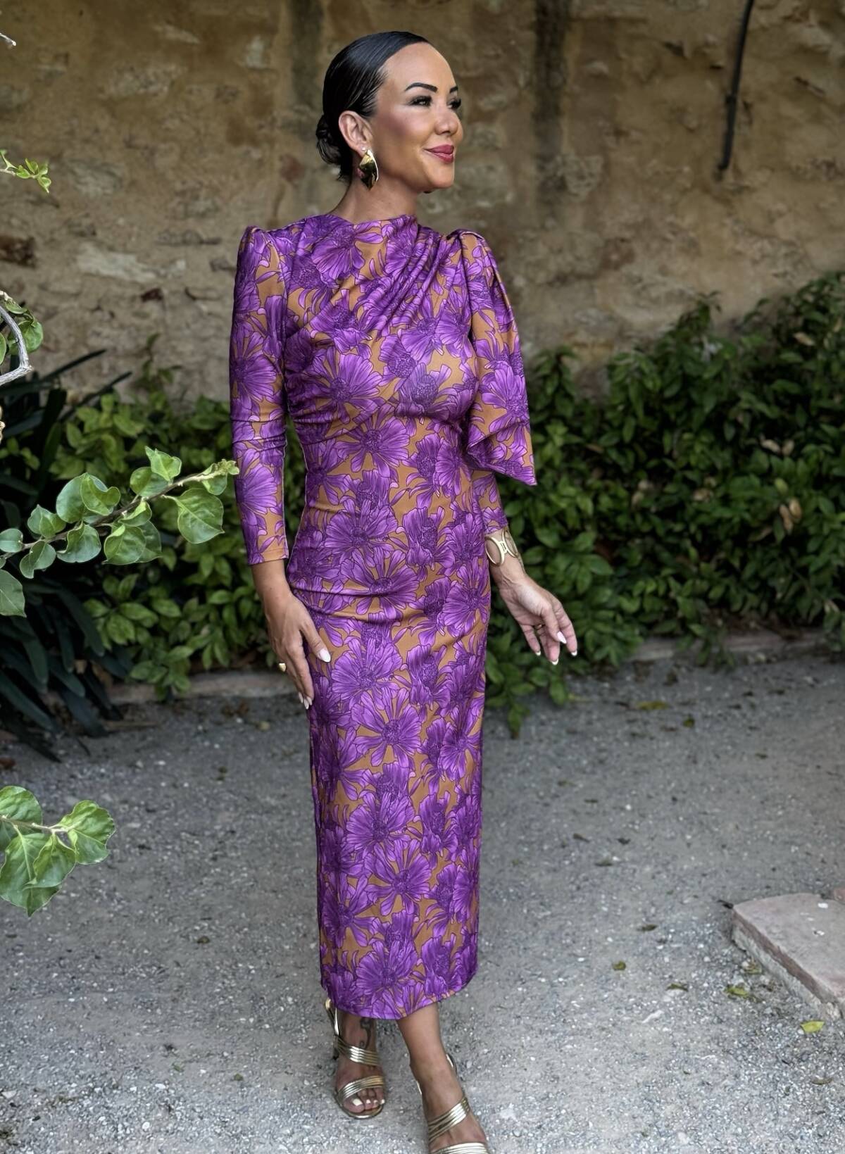 Vestido Lazada Hombro Estampado Lila Mostaza - Imagen 1