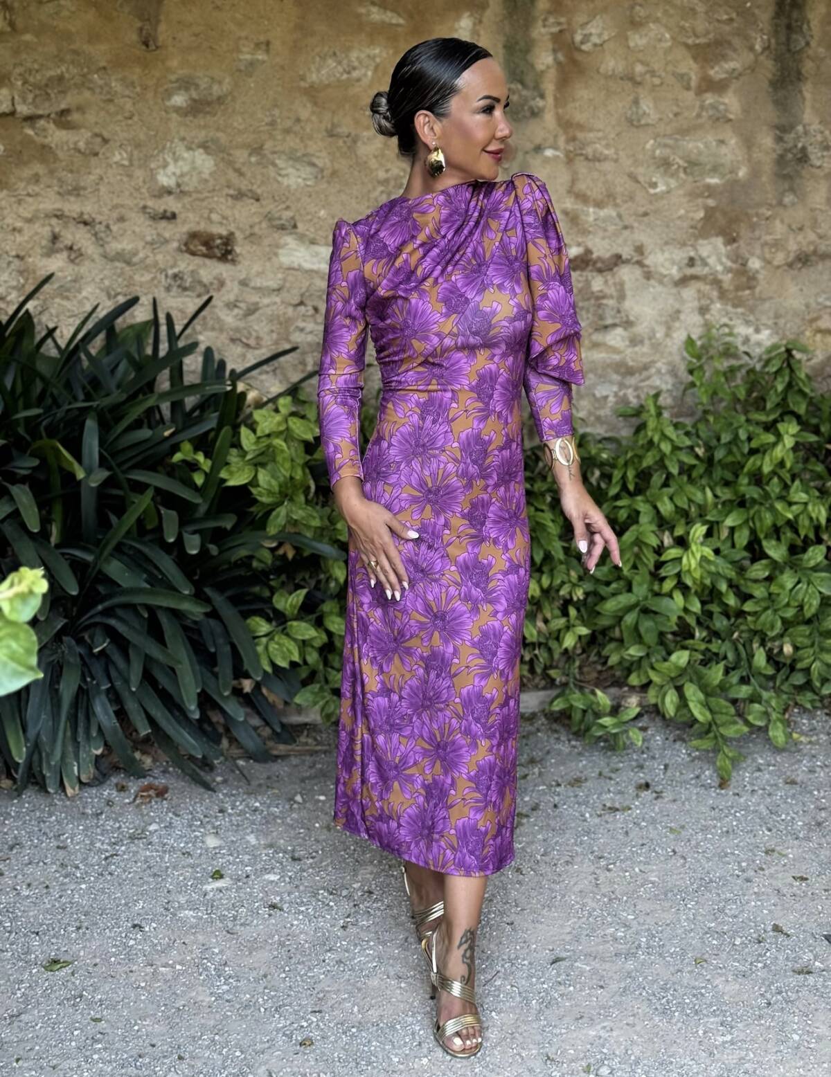Vestido Lazada Hombro Estampado Lila Mostaza - Imagen 8
