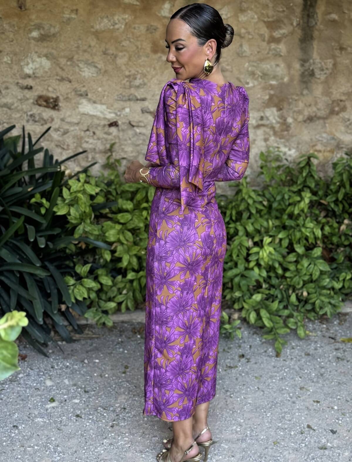Vestido Lazada Hombro Estampado Lila Mostaza - Imagen 2