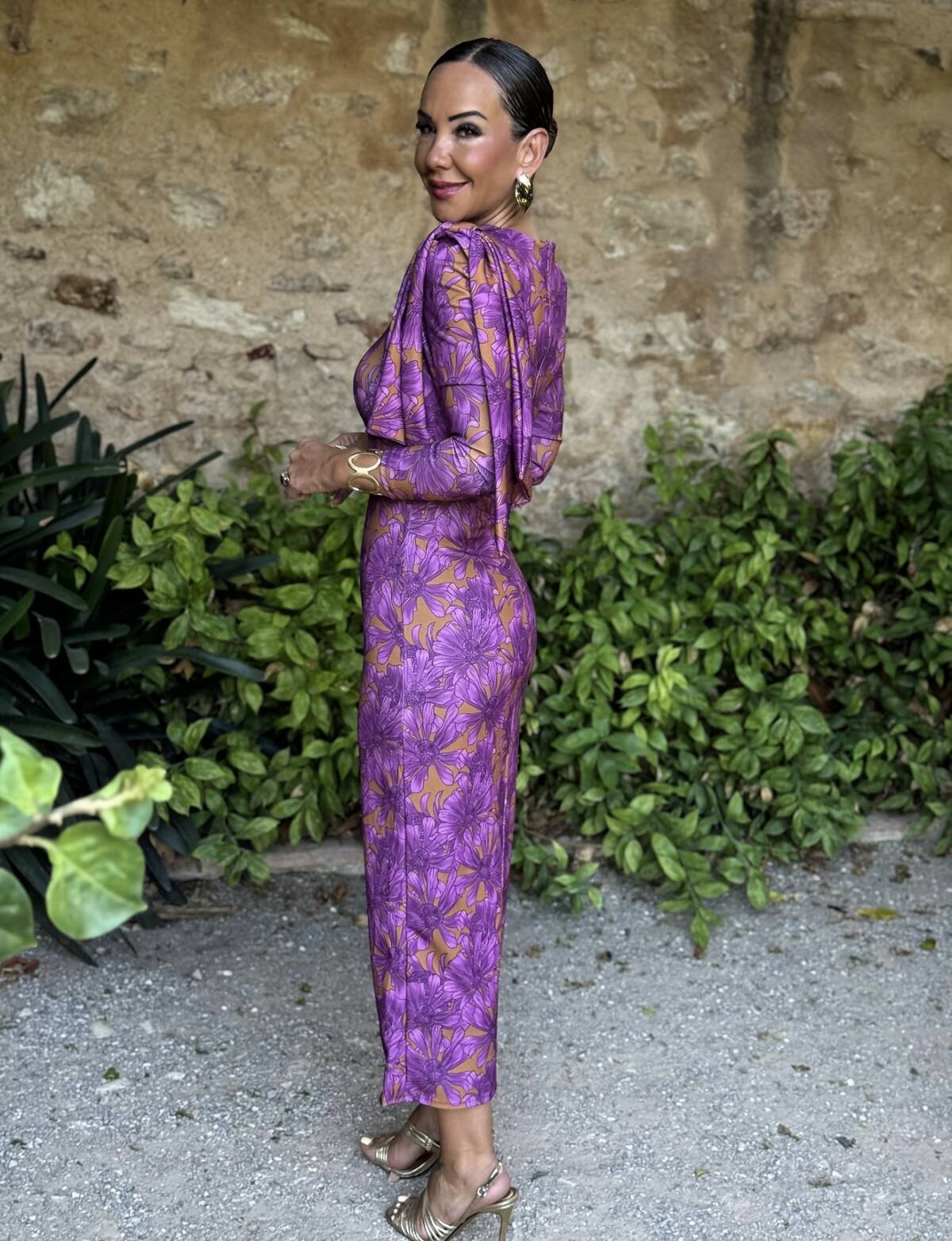 Vestido Lazada Hombro Estampado Lila Mostaza - Imagen 5