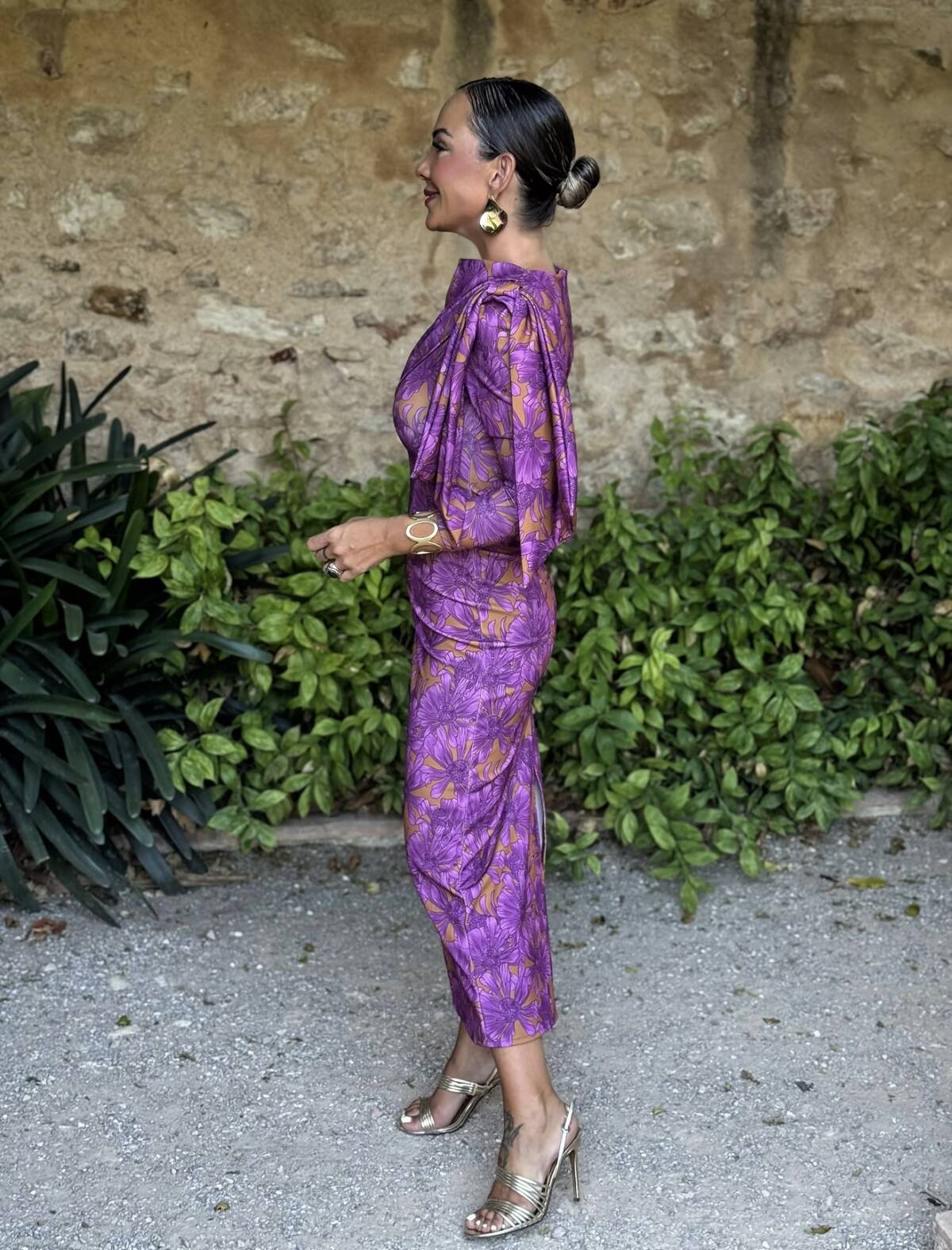 Vestido Lazada Hombro Estampado Lila Mostaza - Imagen 9