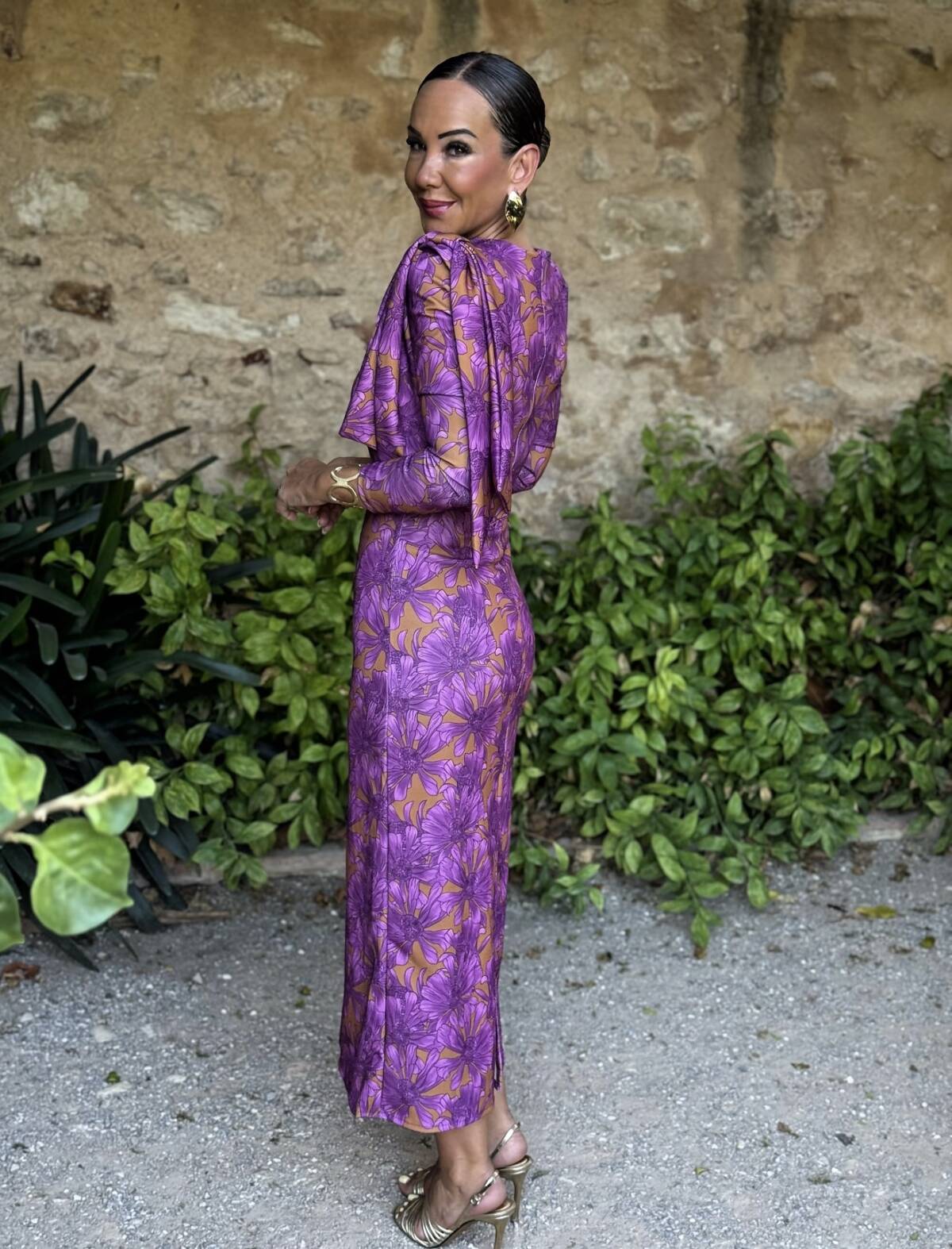 Vestido Lazada Hombro Estampado Lila Mostaza - Imagen 7