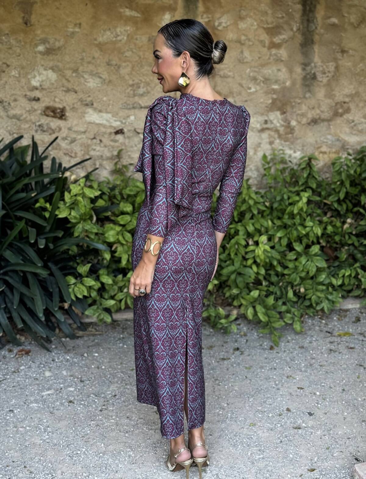 Vestido Lazada Hombro Estampado Turquesa Vino - Imagen 5