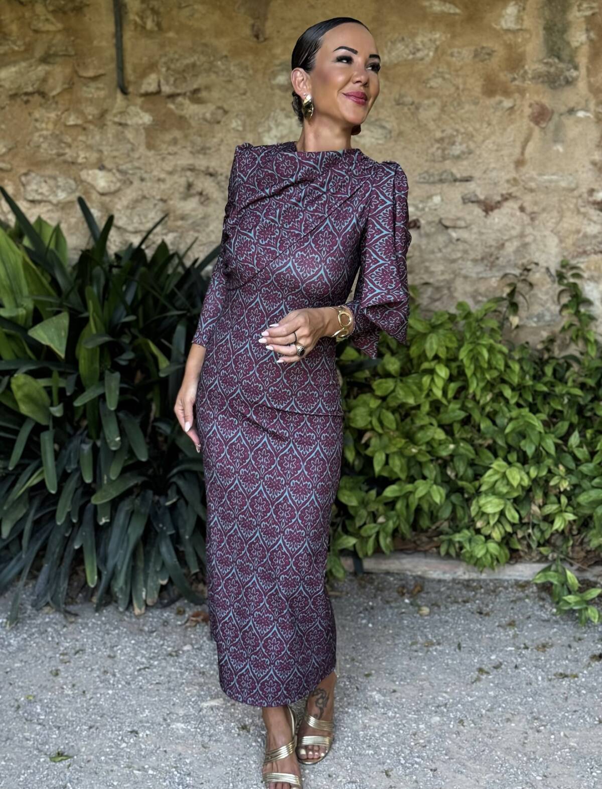Vestido Lazada Hombro Estampado Turquesa Vino - Imagen 7