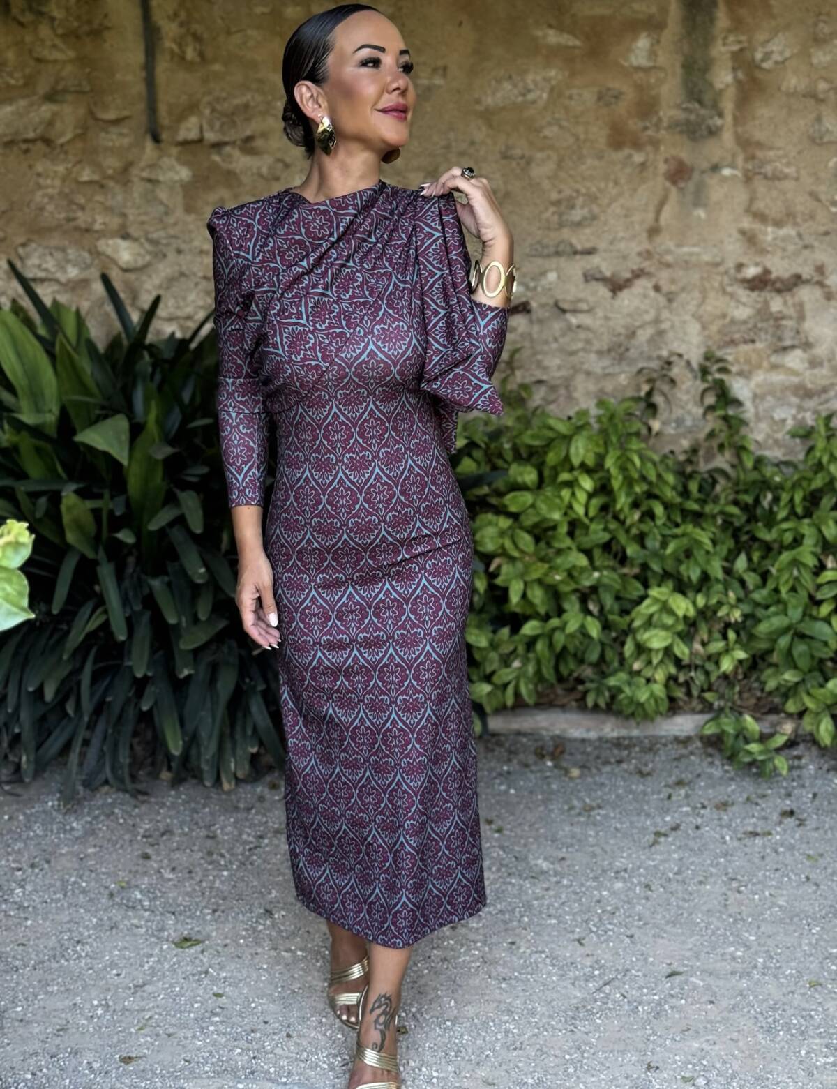 Vestido Lazada Hombro Estampado Turquesa Vino - Imagen 3